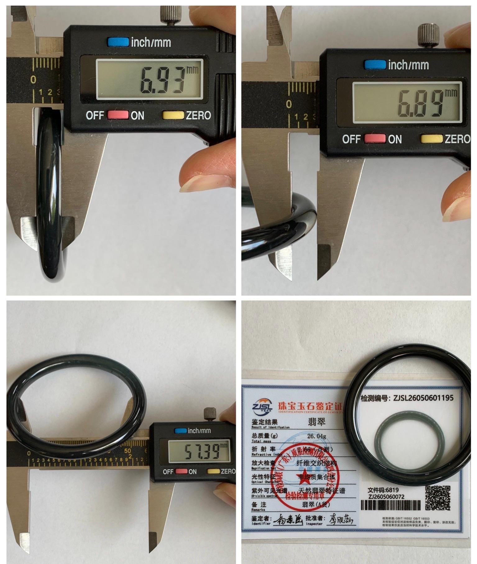 Certified Natural Grade A Guatemalan Icy Translucent Dark Grayish Black Wuji Jade Jadeite Bangle Bracelet 57.4mm 7” 26g 天然冰危深灰乌鸡圆条翡翠手镯 1195