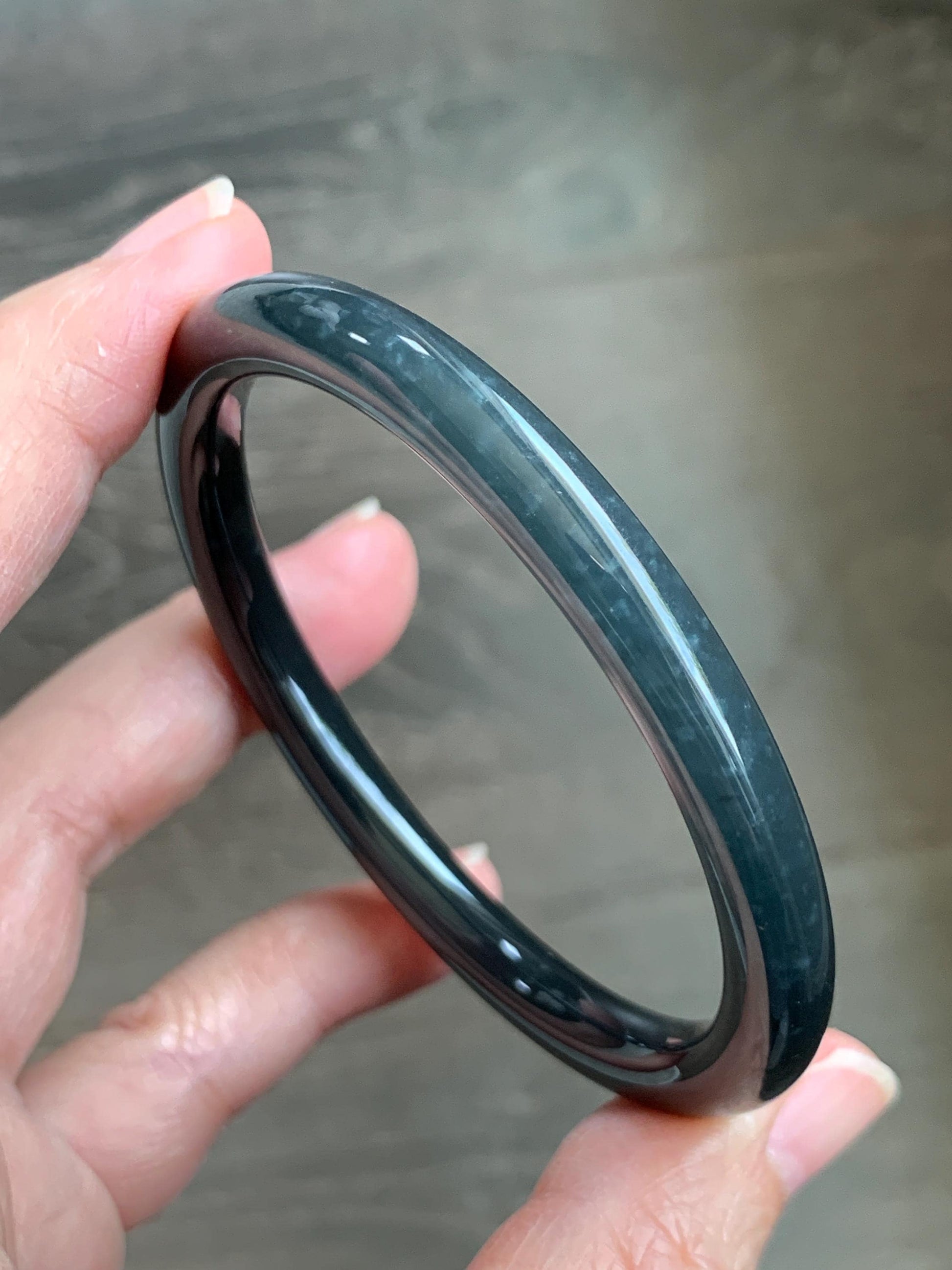Certified Natural Grade A Guatemalan Icy Translucent Dark Grayish Black Wuji Jade Jadeite Bangle Bracelet 57.4mm 7” 26g 天然冰危深灰乌鸡圆条翡翠手镯 1195
