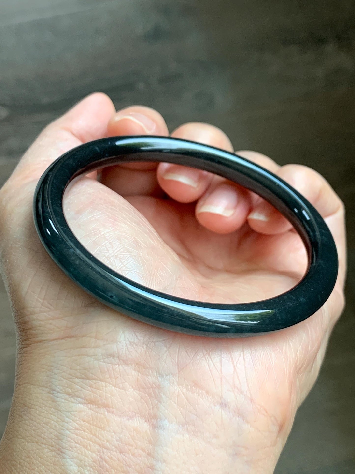 Certified Natural Grade A Guatemalan Icy Translucent Dark Grayish Black Wuji Jade Jadeite Bangle Bracelet 57.4mm 7” 26g 天然冰危深灰乌鸡圆条翡翠手镯 1195