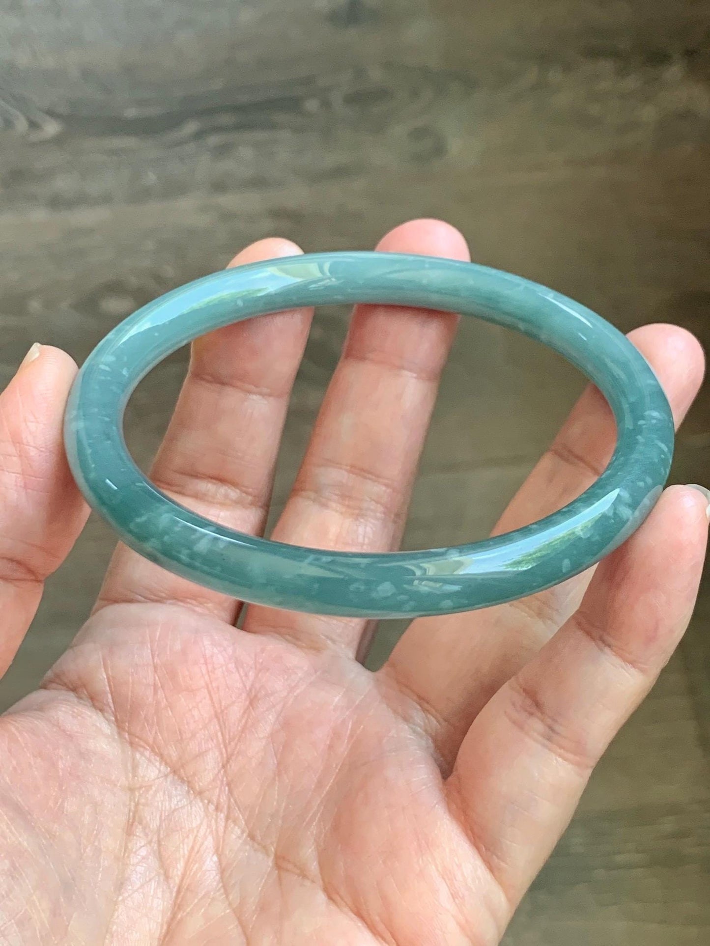 Certified Natural Grade A Guatemalan Icy Translucent Dusty Teal Jade Jadeite Bangle 62.89mm 7.77” 32g 天然冰危蓝绿翡翠圆条手镯 1174