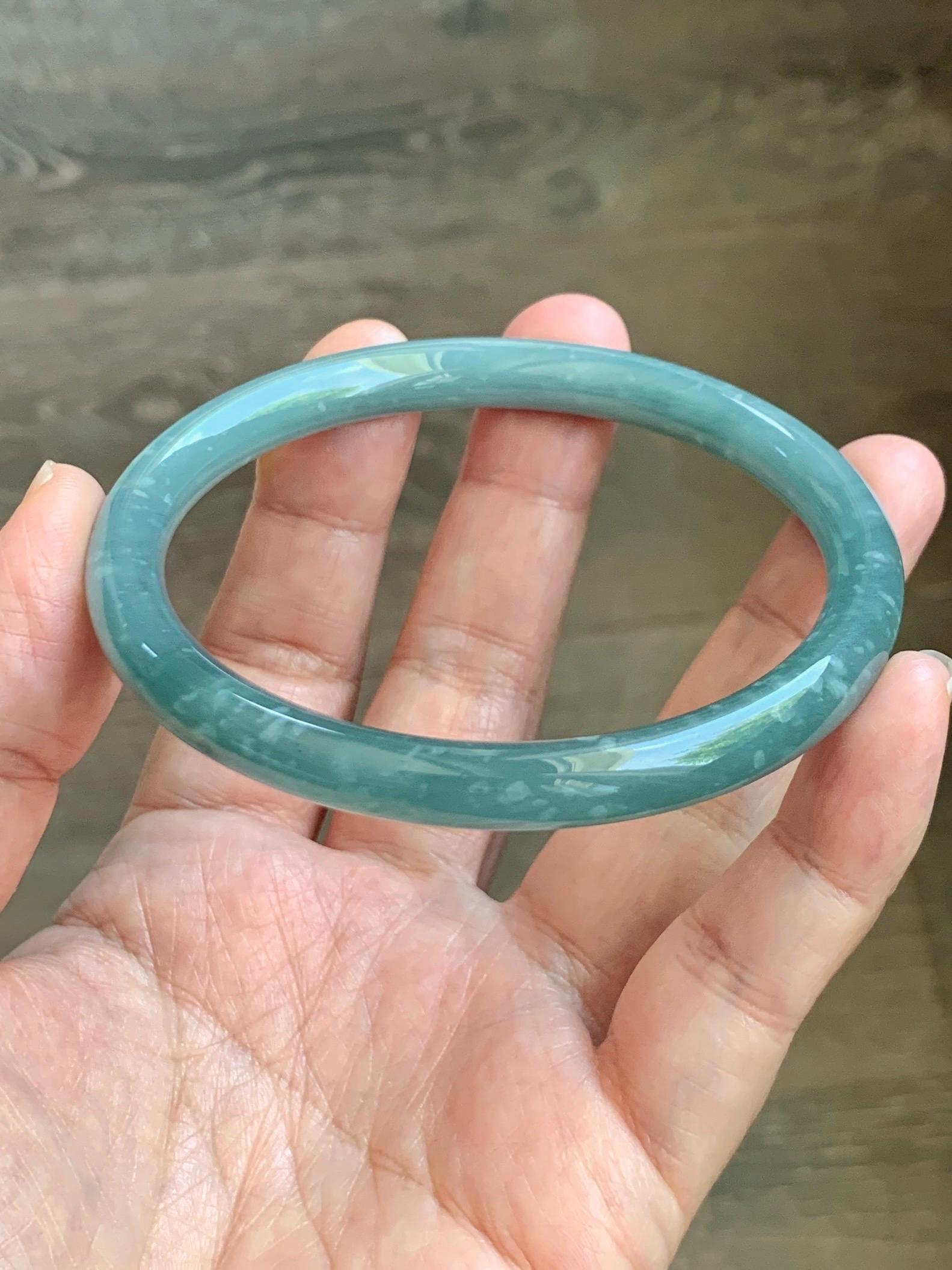Certified Natural Grade A Guatemalan Icy Translucent Dusty Teal Jade Jadeite Bangle 62.89mm 7.77” 32g 天然冰危蓝绿翡翠圆条手镯 1174