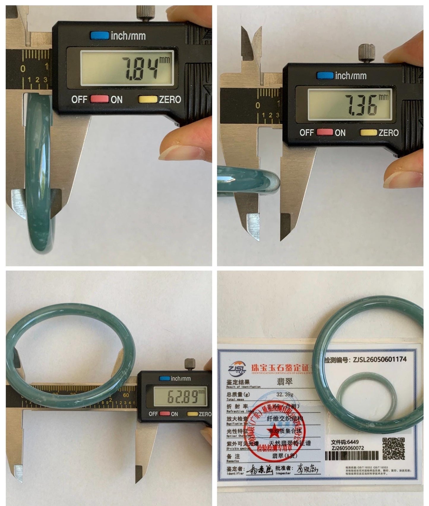 Certified Natural Grade A Guatemalan Icy Translucent Dusty Teal Jade Jadeite Bangle 62.89mm 7.77” 32g 天然冰危蓝绿翡翠圆条手镯 1174