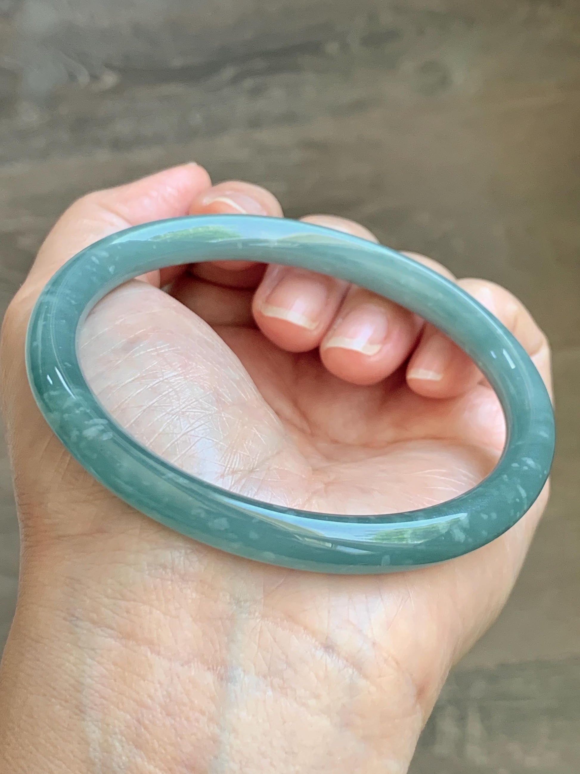 Certified Natural Grade A Guatemalan Icy Translucent Dusty Teal Jade Jadeite Bangle 62.89mm 7.77” 32g 天然冰危蓝绿翡翠圆条手镯 1174