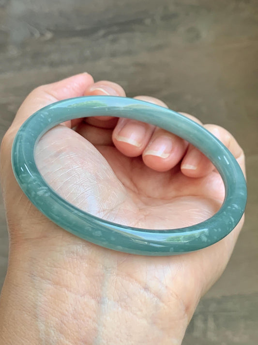 Certified Natural Grade A Guatemalan Icy Translucent Dusty Teal Jade Jadeite Bangle 62.89mm 7.77” 32g 天然冰危蓝绿翡翠圆条手镯 1174