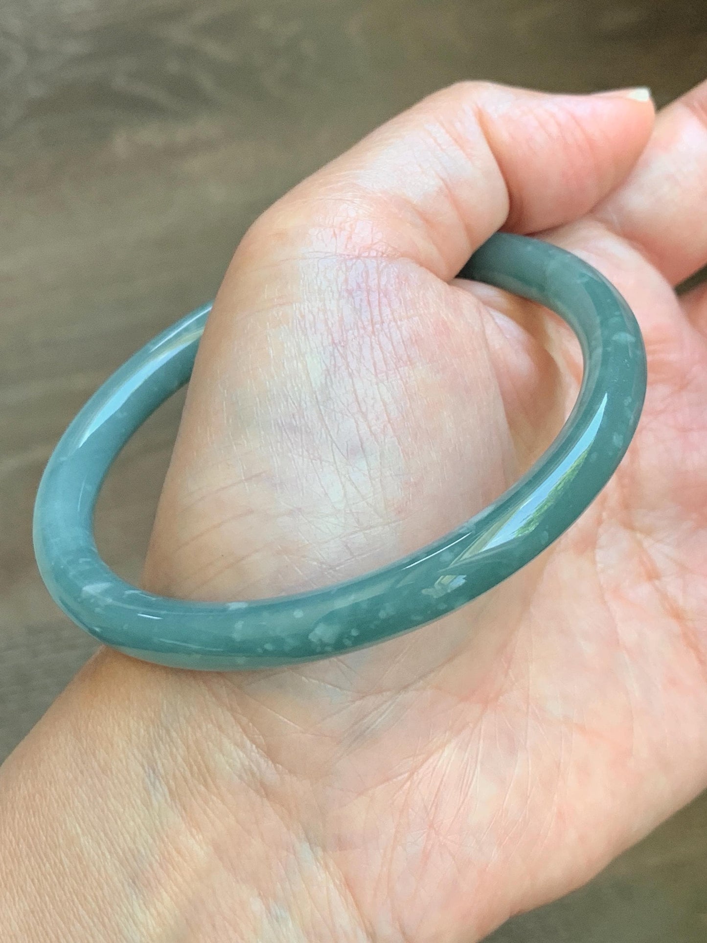 Certified Natural Grade A Guatemalan Icy Translucent Dusty Teal Jade Jadeite Bangle 62.89mm 7.77” 32g 天然冰危蓝绿翡翠圆条手镯 1174