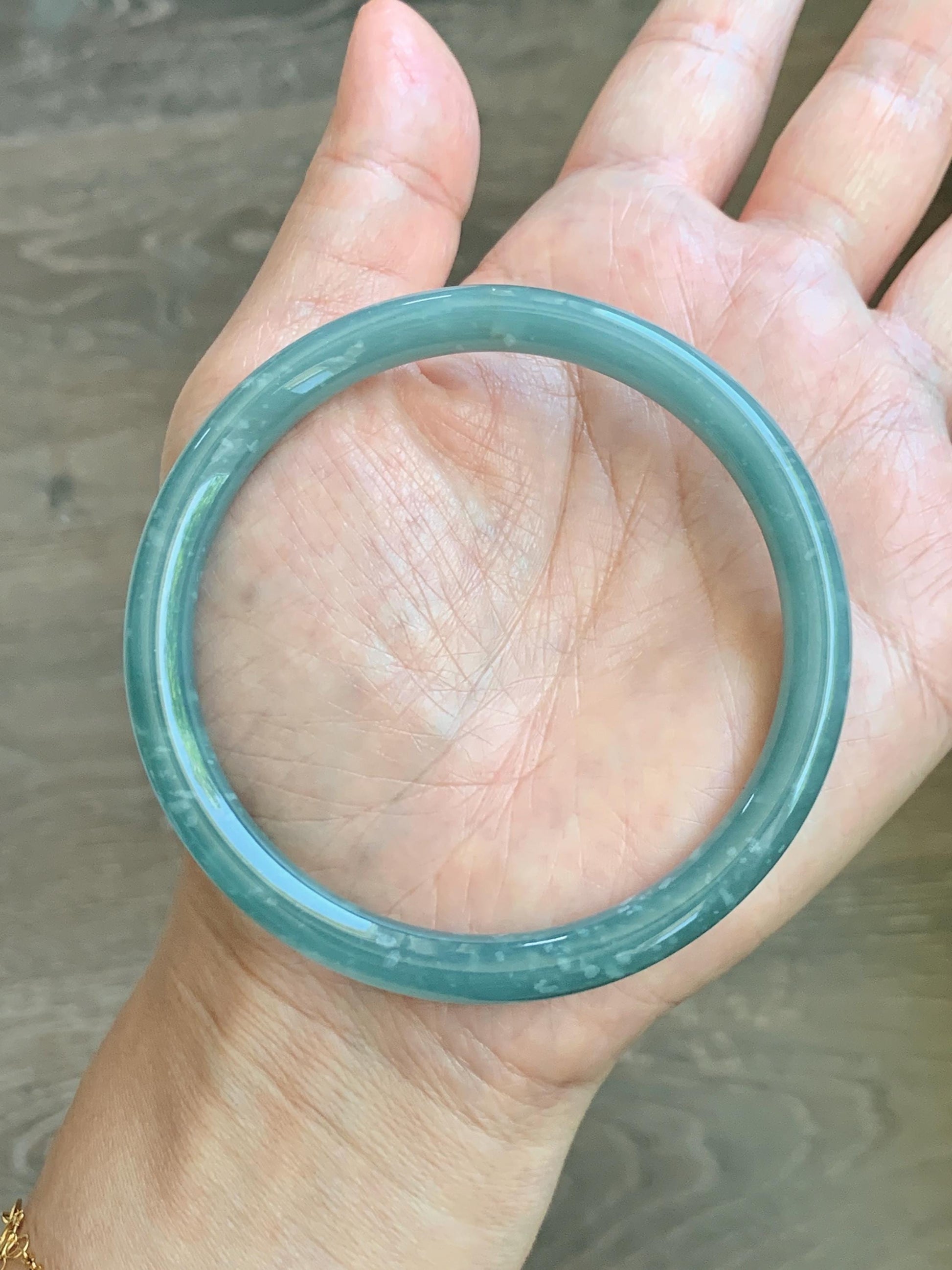 Certified Natural Grade A Guatemalan Icy Translucent Dusty Teal Jade Jadeite Bangle 62.89mm 7.77” 32g 天然冰危蓝绿翡翠圆条手镯 1174
