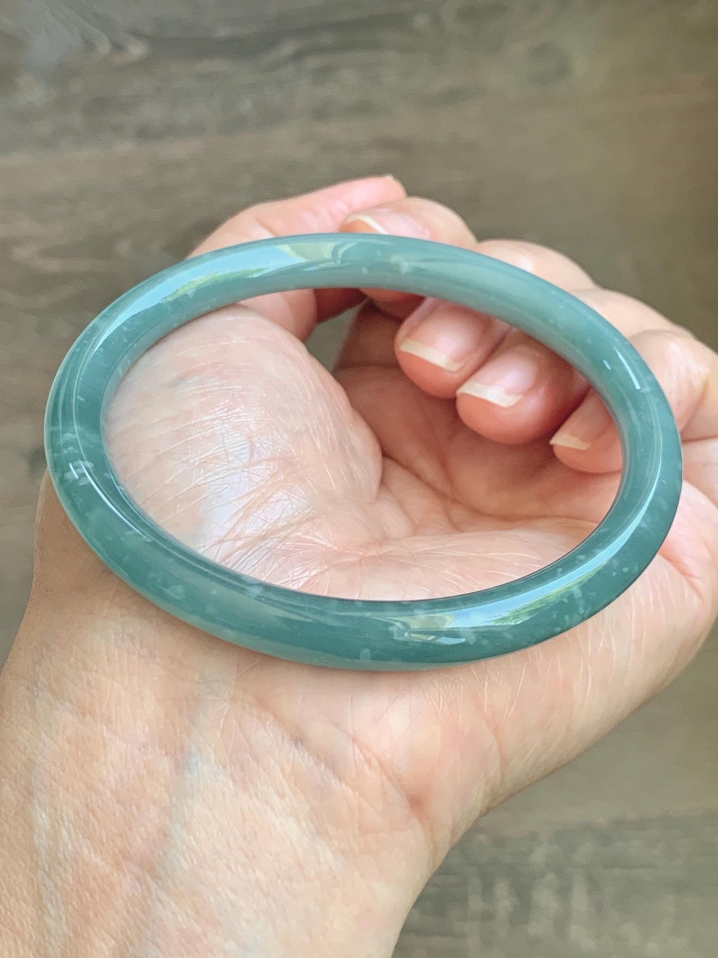 Certified Natural Grade A Guatemalan Icy Translucent Dusty Teal Jade Jadeite Bangle 62.89mm 7.77” 32g 天然冰危蓝绿翡翠圆条手镯 1174