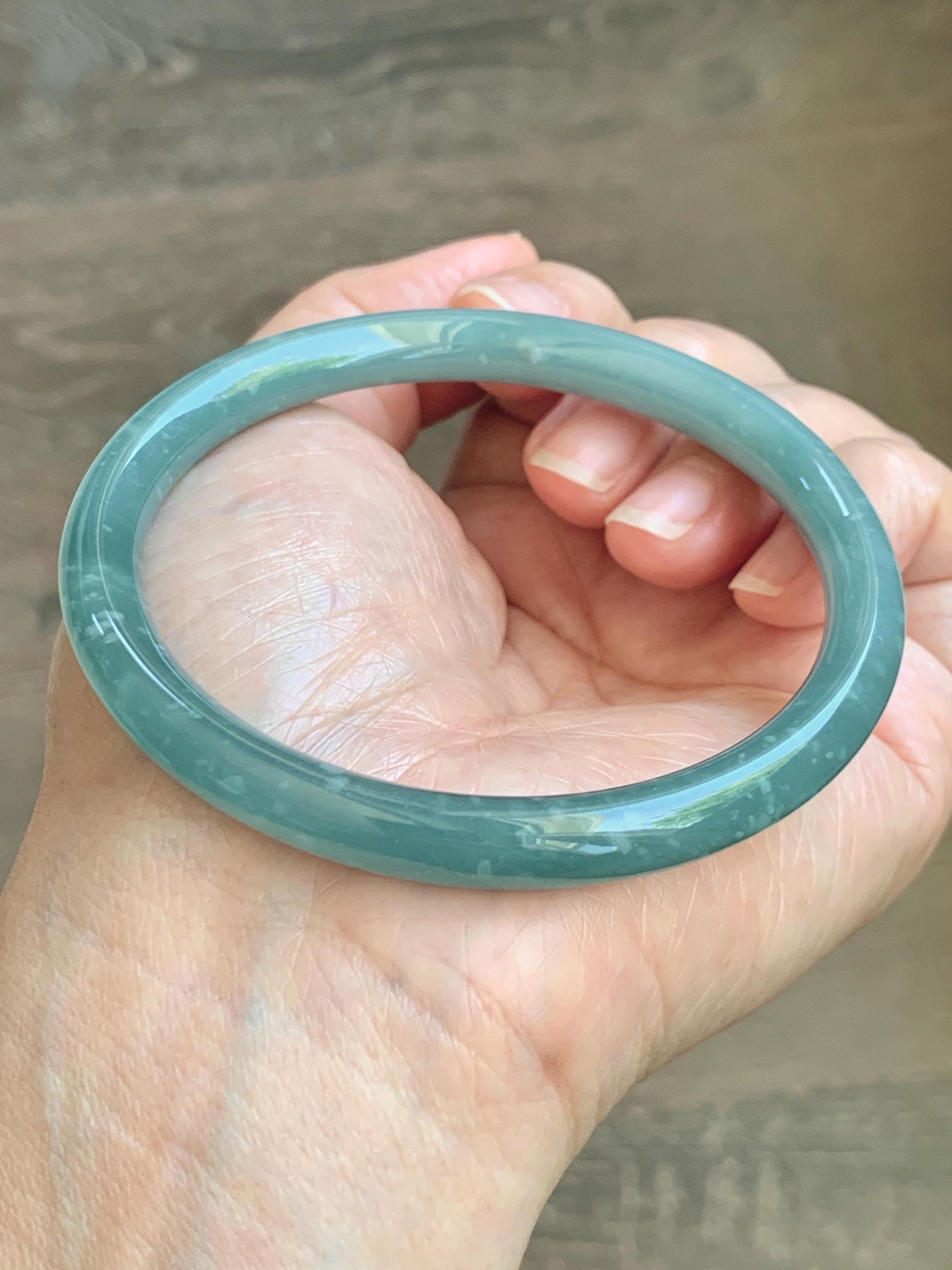 Certified Natural Grade A Guatemalan Icy Translucent Dusty Teal Jade Jadeite Bangle 62.89mm 7.77” 32g 天然冰危蓝绿翡翠圆条手镯 1174