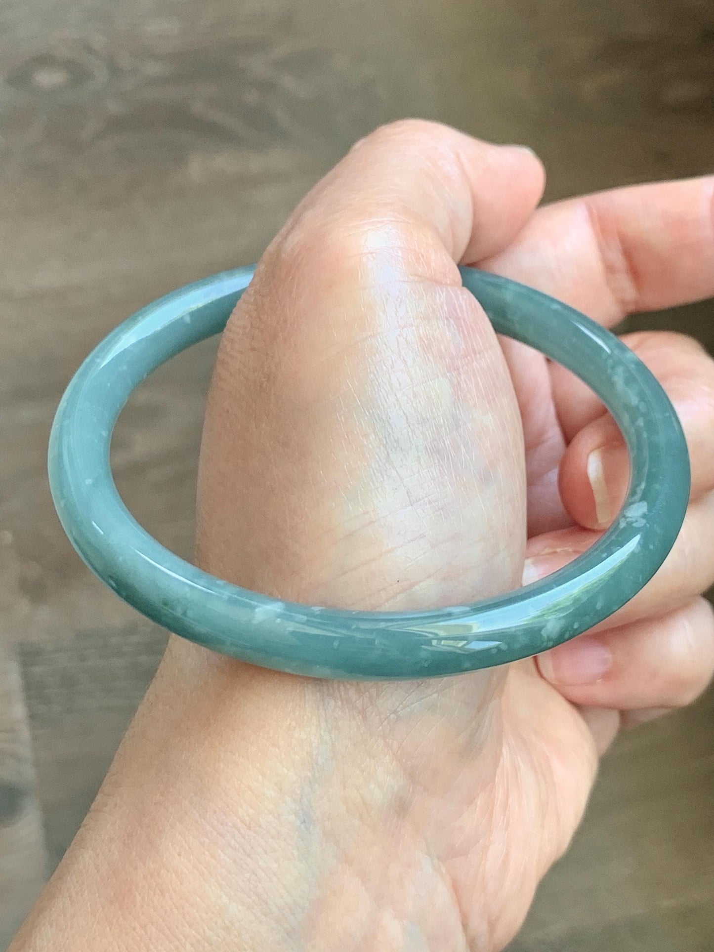 Certified Natural Grade A Guatemalan Icy Translucent Dusty Teal Jade Jadeite Bangle 62.89mm 7.77” 32g 天然冰危蓝绿翡翠圆条手镯 1174