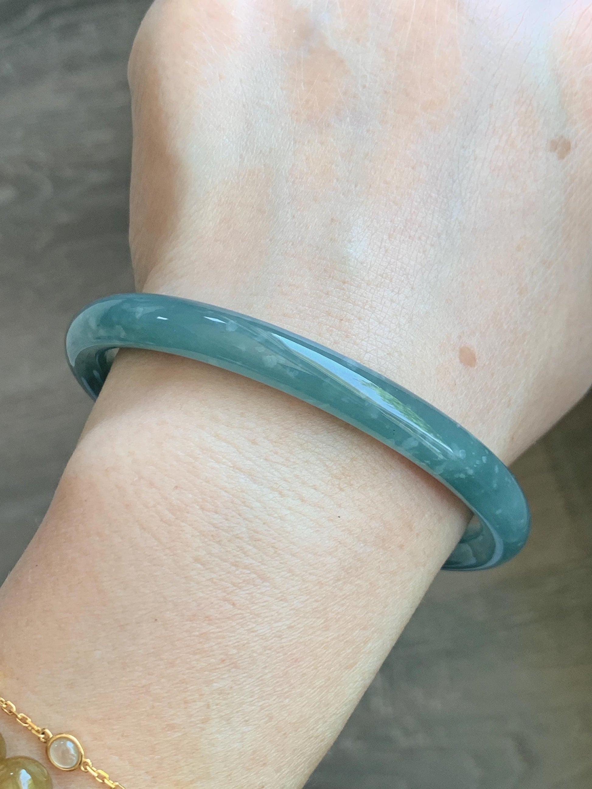 Certified Natural Grade A Guatemalan Icy Translucent Dusty Teal Jade Jadeite Bangle 62.89mm 7.77” 32g 天然冰危蓝绿翡翠圆条手镯 1174