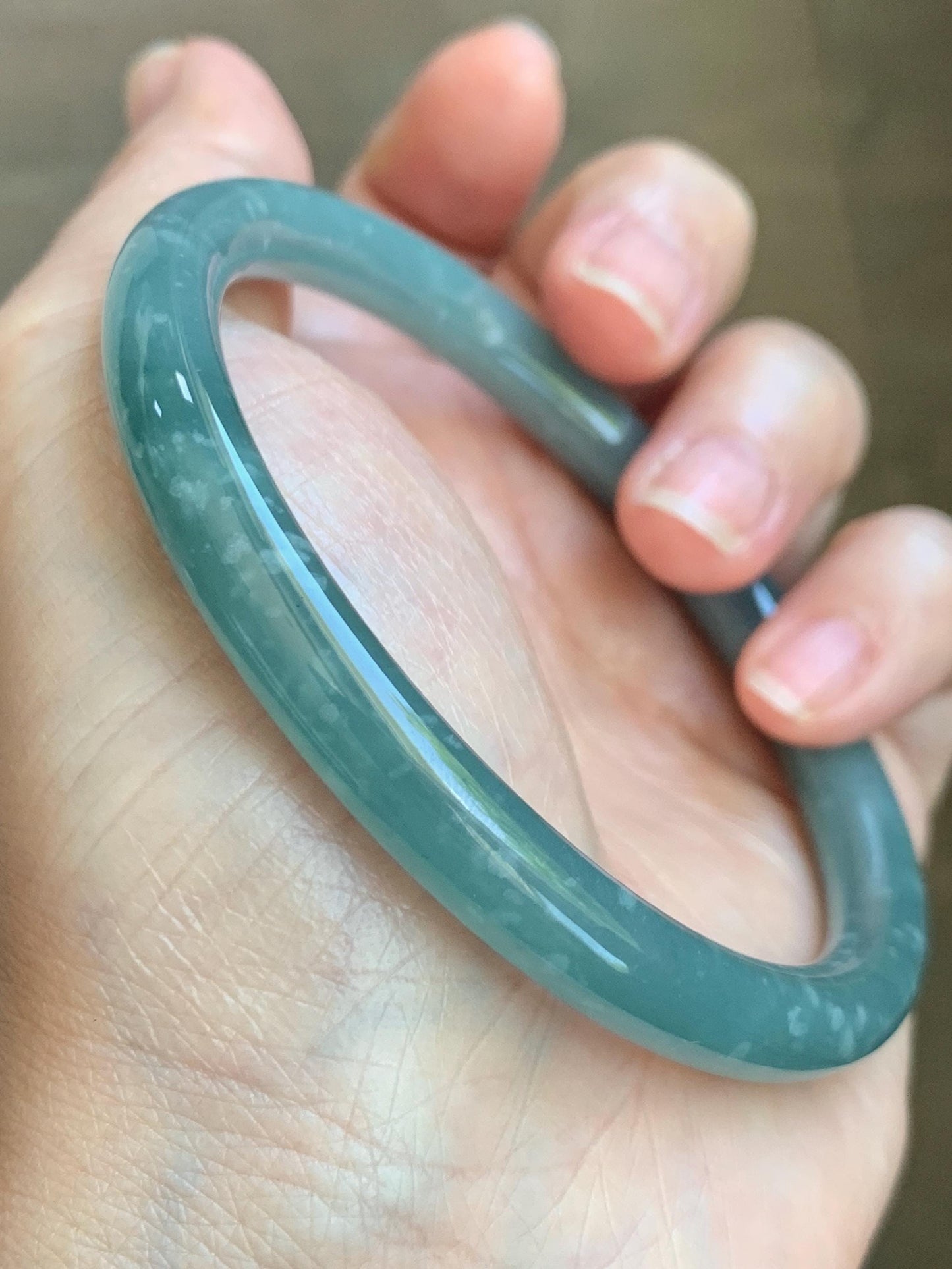 Certified Natural Grade A Guatemalan Icy Translucent Dusty Teal Jade Jadeite Bangle 62.89mm 7.77” 32g 天然冰危蓝绿翡翠圆条手镯 1174