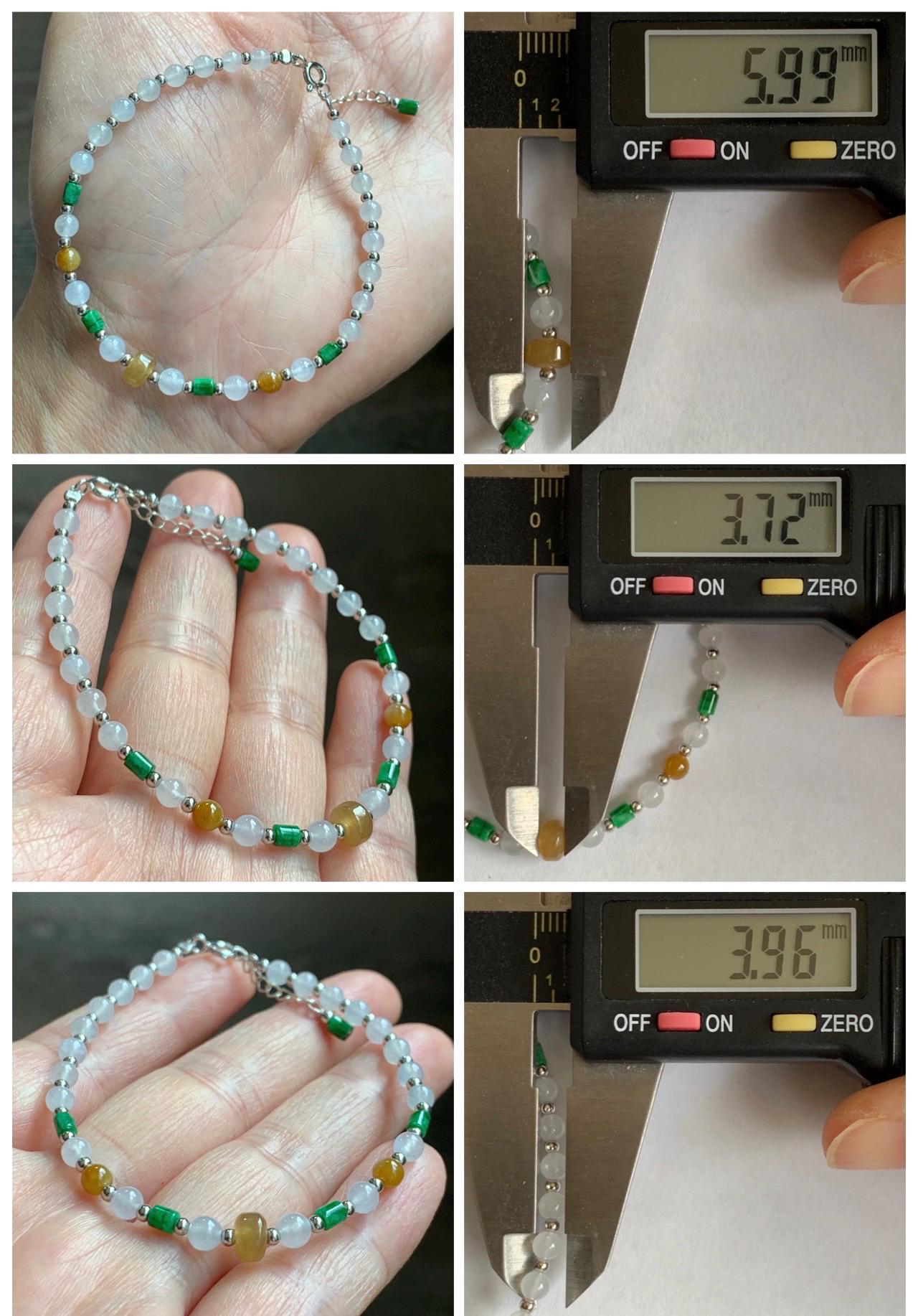 Petite Natural Grade A Icy Highly Translucent Multicolored Jade Jadeite Beads Sterling Silver Beaded Bracelet 6.5”-7.25” 天然冰多宝翡翠小珠手串 MXB550B