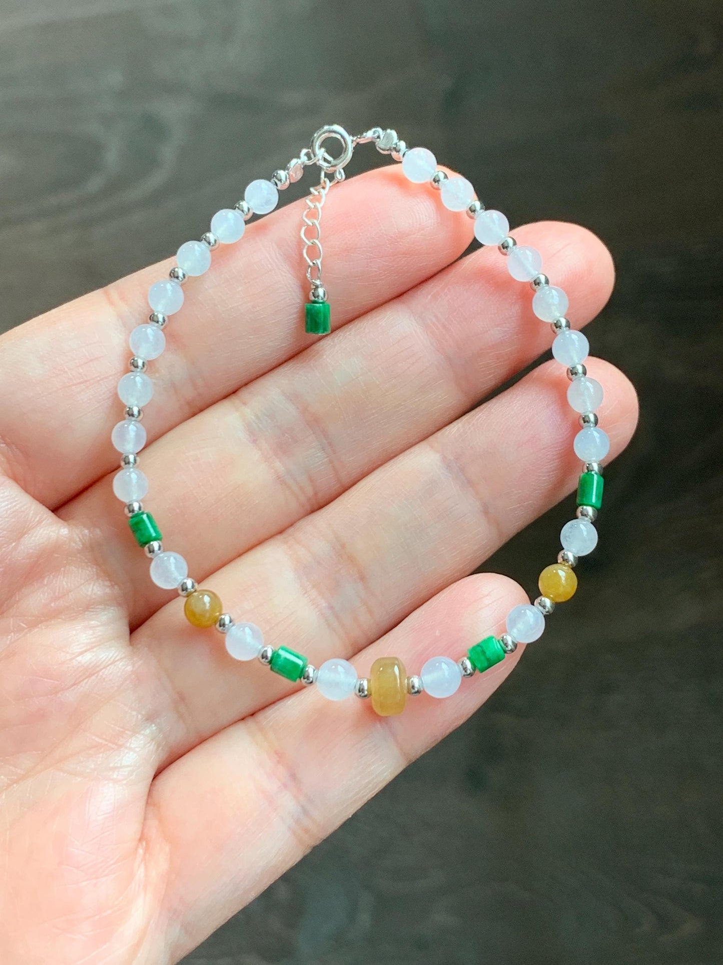 Petite Natural Grade A Icy Highly Translucent Multicolored Jade Jadeite Beads Sterling Silver Beaded Bracelet 6.5”-7.25” 天然冰多宝翡翠小珠手串 MXB550B