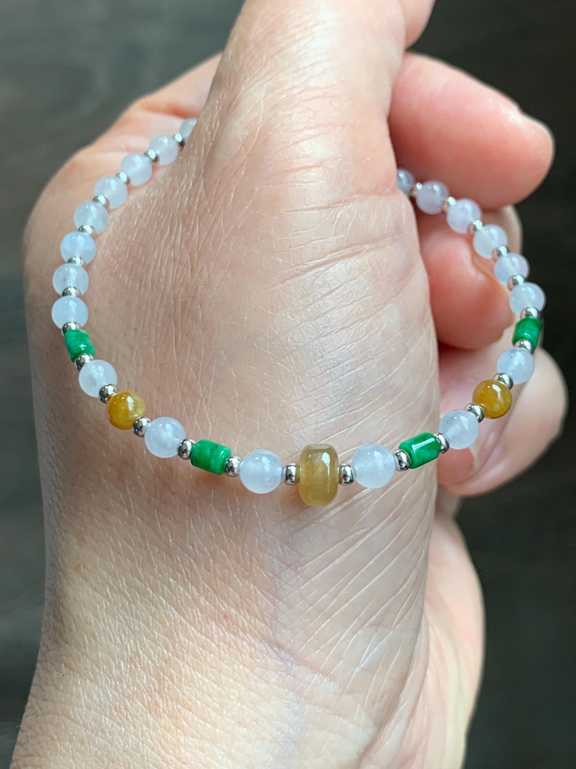 Petite Natural Grade A Icy Highly Translucent Multicolored Jade Jadeite Beads Sterling Silver Beaded Bracelet 6.5”-7.25” 天然冰多宝翡翠小珠手串 MXB550B
