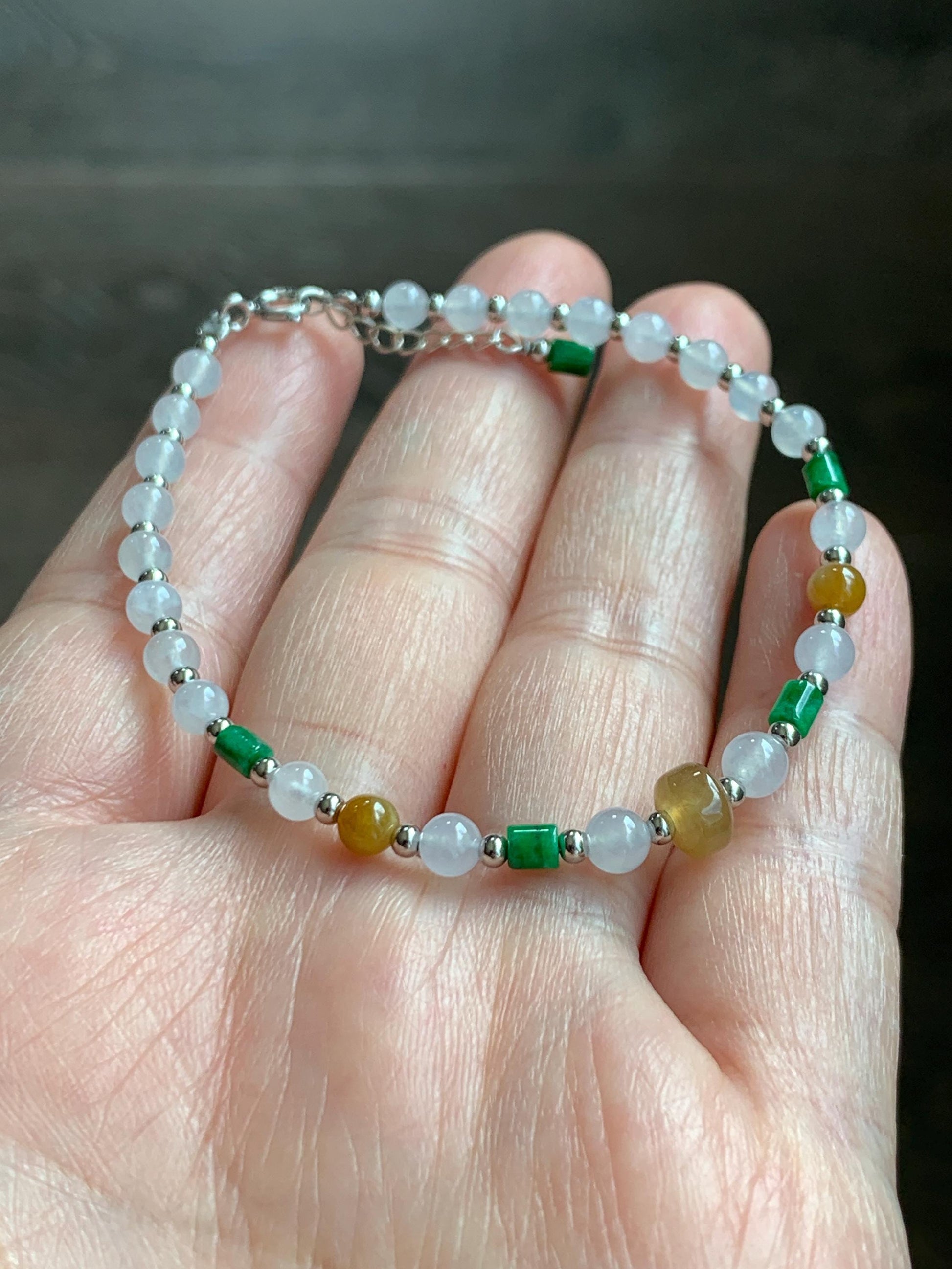 Petite Natural Grade A Icy Highly Translucent Multicolored Jade Jadeite Beads Sterling Silver Beaded Bracelet 6.5”-7.25” 天然冰多宝翡翠小珠手串 MXB550B