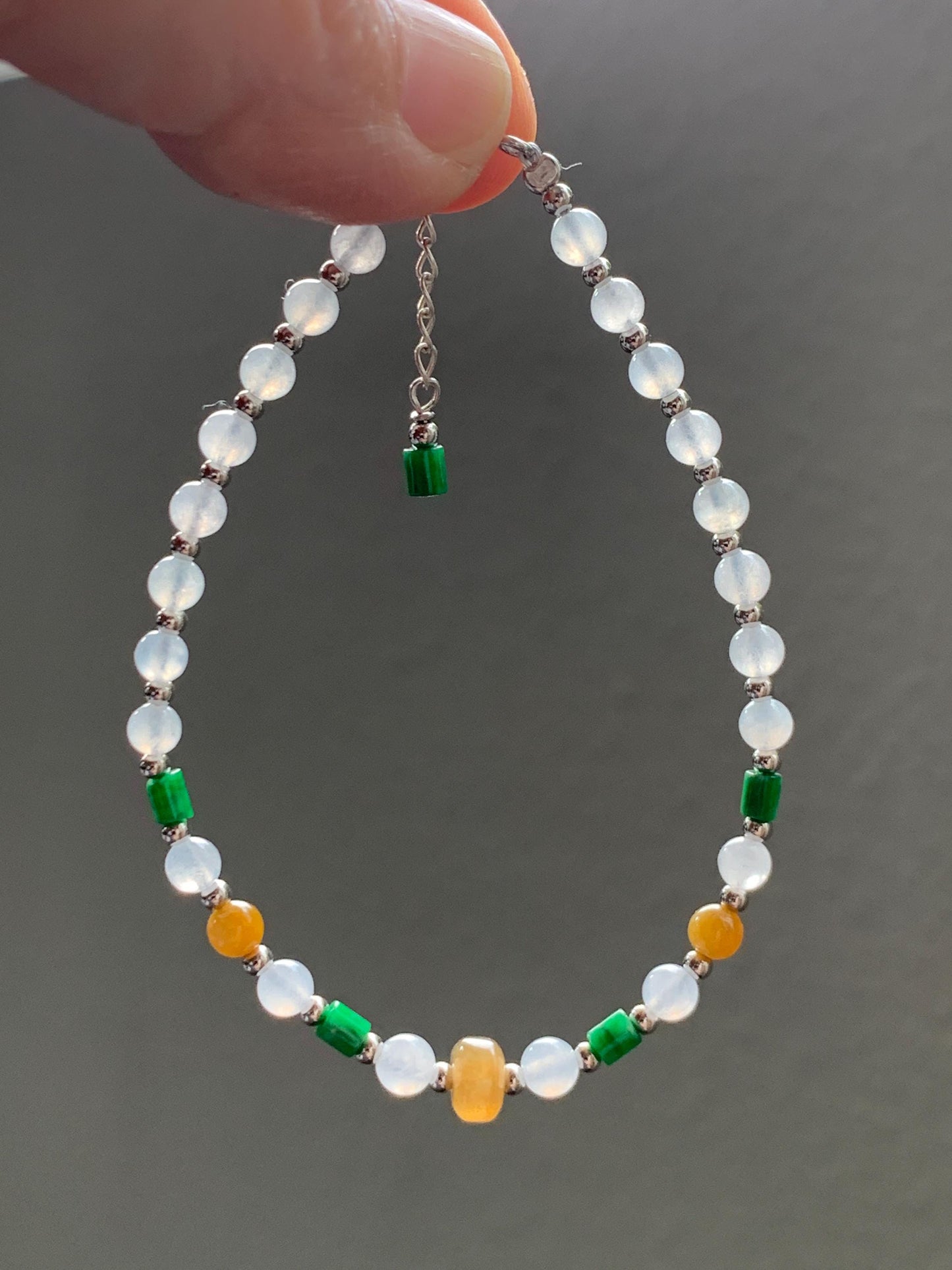 Petite Natural Grade A Icy Highly Translucent Multicolored Jade Jadeite Beads Sterling Silver Beaded Bracelet 6.5”-7.25” 天然冰多宝翡翠小珠手串 MXB550B