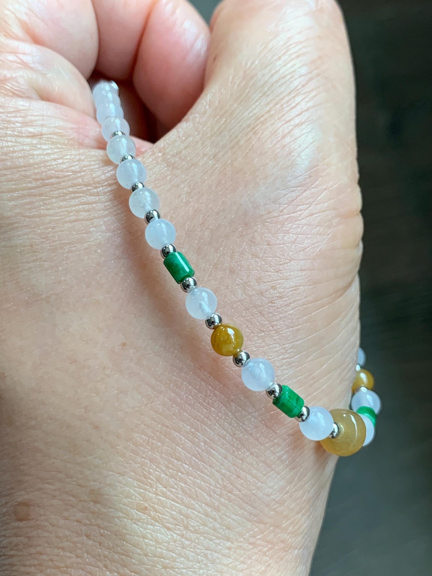 Petite Natural Grade A Icy Highly Translucent Multicolored Jade Jadeite Beads Sterling Silver Beaded Bracelet 6.5”-7.25” 天然冰多宝翡翠小珠手串 MXB550B