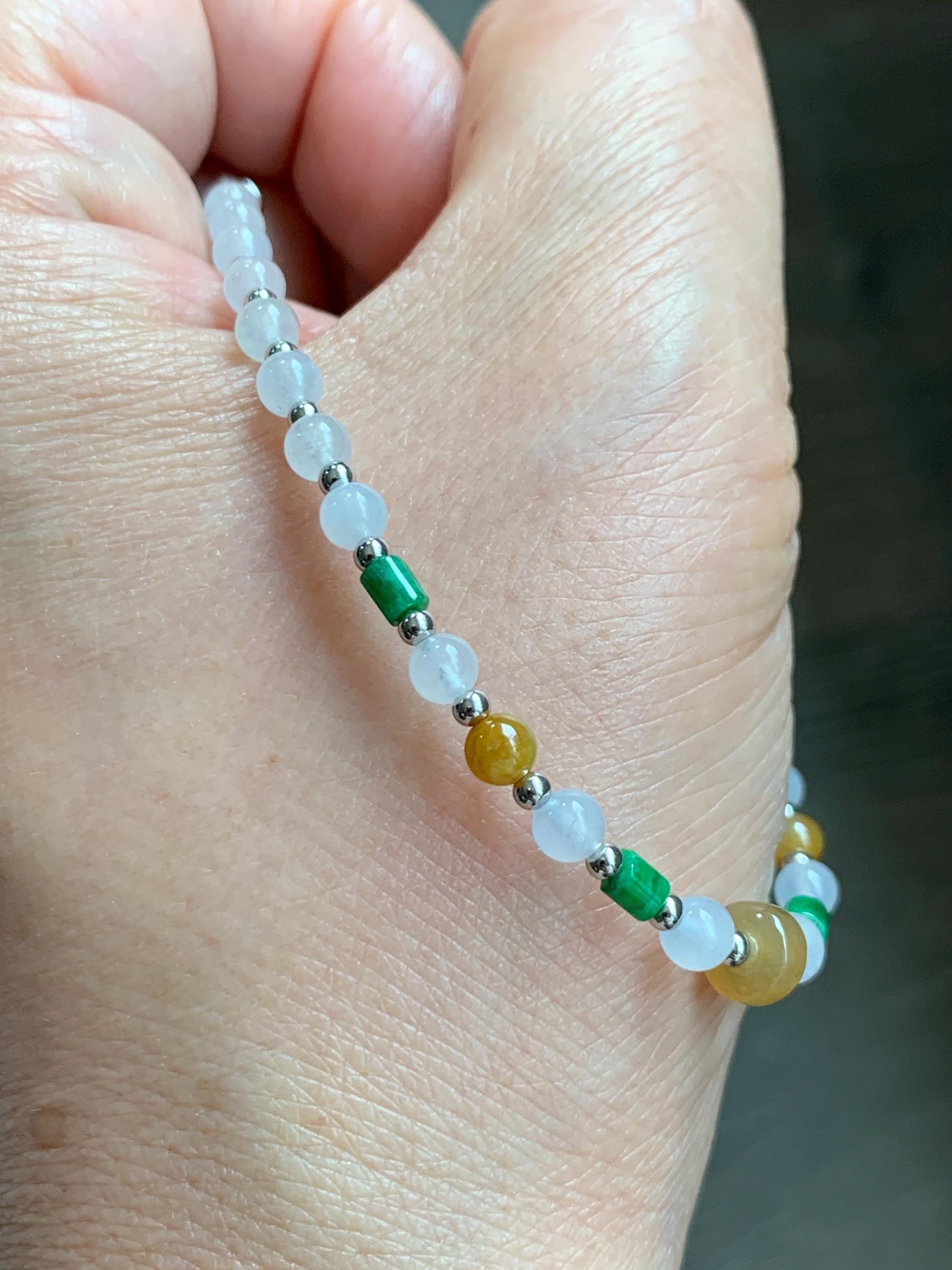 Petite Natural Grade A Icy Highly Translucent Multicolored Jade Jadeite Beads Sterling Silver Beaded Bracelet 6.5”-7.25” 天然冰多宝翡翠小珠手串 MXB550B