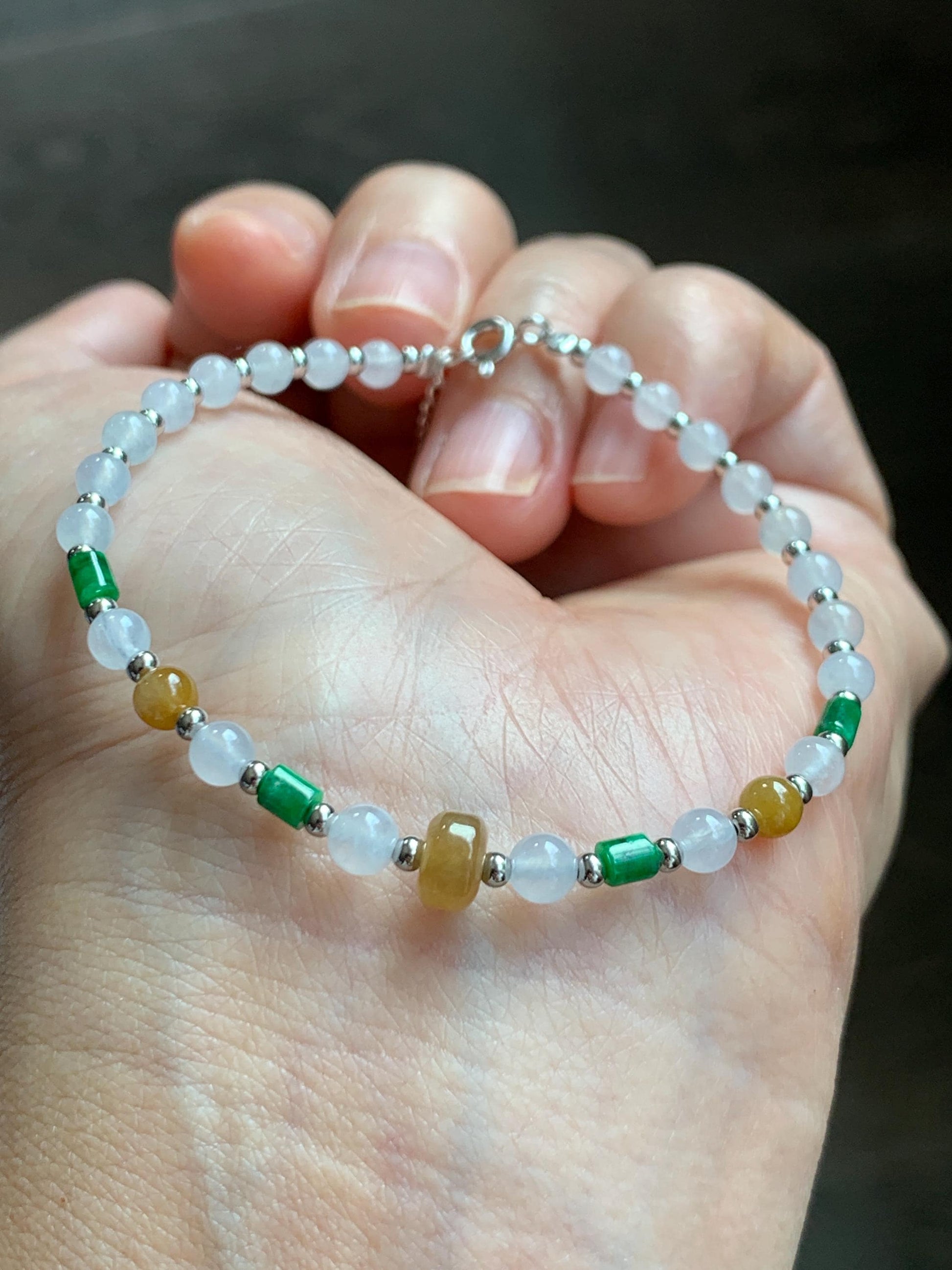 Petite Natural Grade A Icy Highly Translucent Multicolored Jade Jadeite Beads Sterling Silver Beaded Bracelet 6.5”-7.25” 天然冰多宝翡翠小珠手串 MXB550B