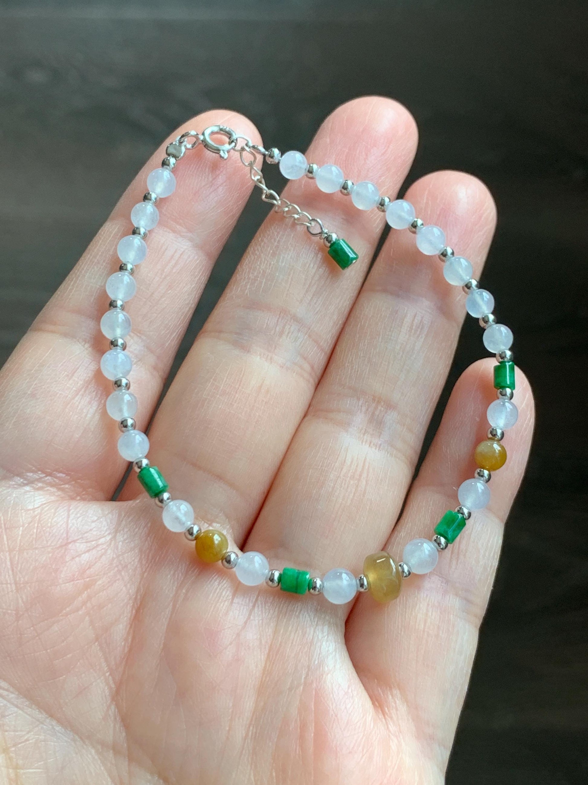 Petite Natural Grade A Icy Highly Translucent Multicolored Jade Jadeite Beads Sterling Silver Beaded Bracelet 6.5”-7.25” 天然冰多宝翡翠小珠手串 MXB550B