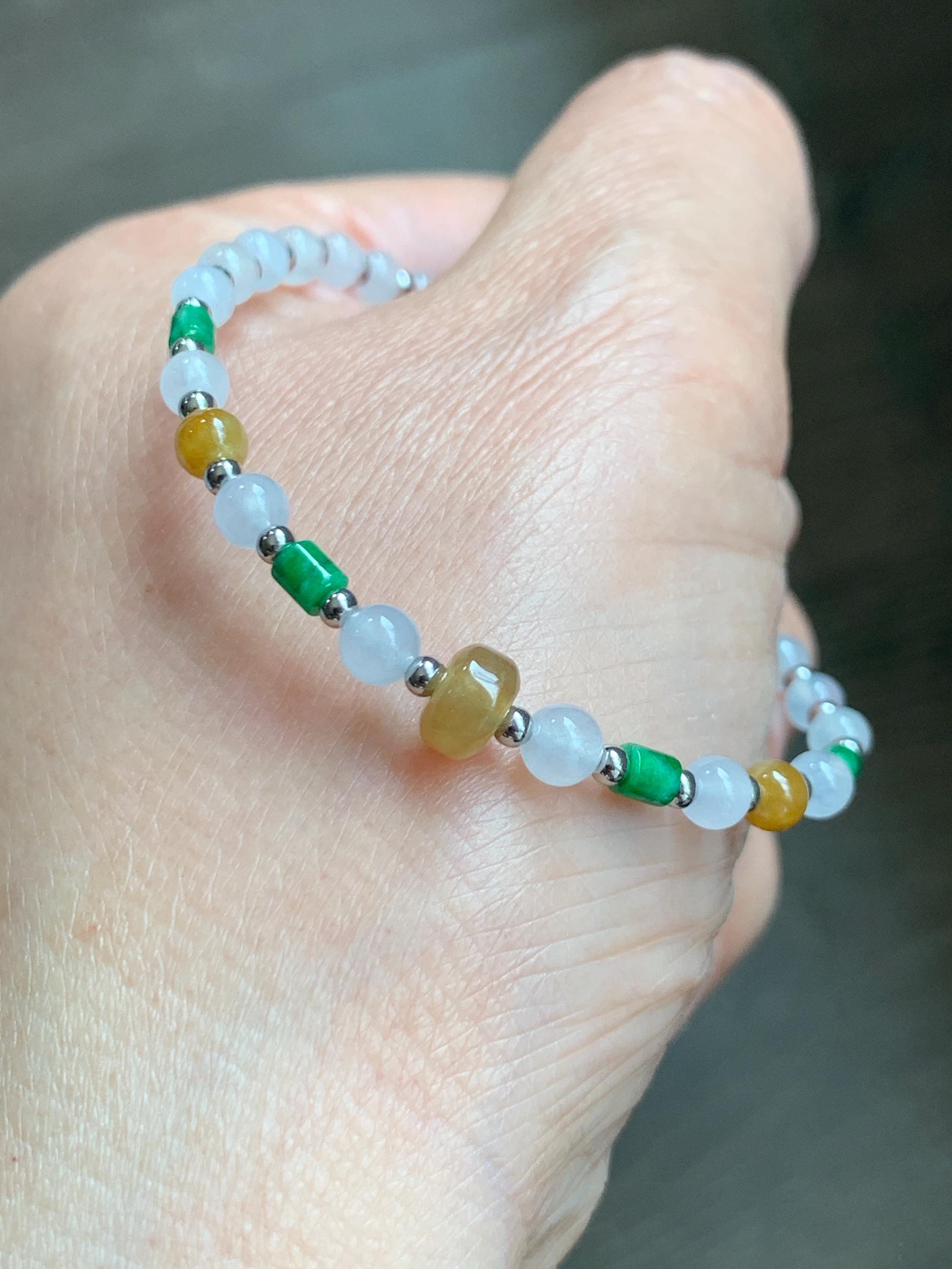 Petite Natural Grade A Icy Highly Translucent Multicolored Jade Jadeite Beads Sterling Silver Beaded Bracelet 6.5”-7.25” 天然冰多宝翡翠小珠手串 MXB550B