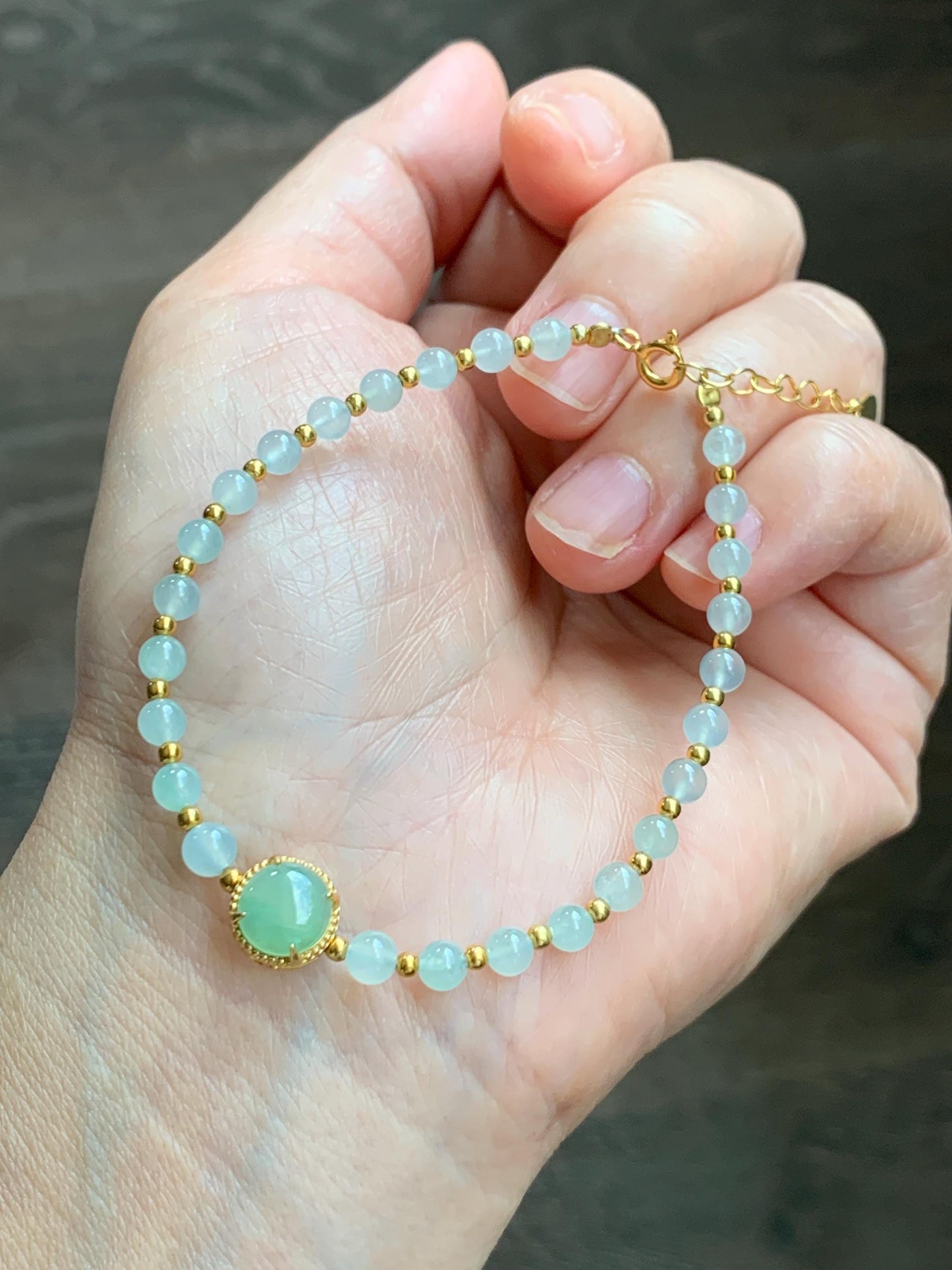 Petite Natural Grade A Icy Highly Translucent Light Green Jade Jadeite Beads Sterling Silver Beaded Bracelet 6.75”-7.5” 天然晴绿翡翠小珠手串 MXB550C