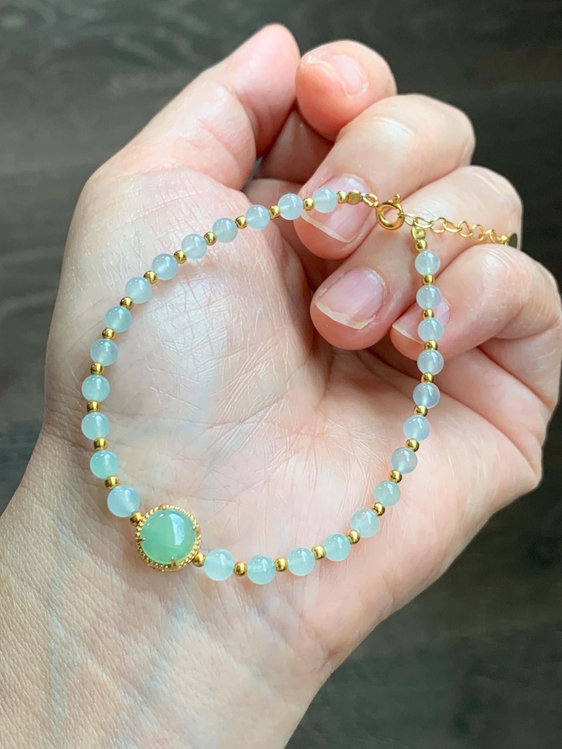 Petite Natural Grade A Icy Highly Translucent Light Green Jade Jadeite Beads Sterling Silver Beaded Bracelet 6.75”-7.5” 天然晴绿翡翠小珠手串 MXB550C