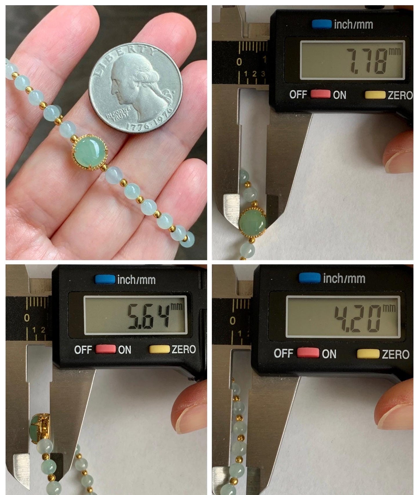 Petite Natural Grade A Icy Highly Translucent Light Green Jade Jadeite Beads Sterling Silver Beaded Bracelet 6.75”-7.5” 天然晴绿翡翠小珠手串 MXB550C
