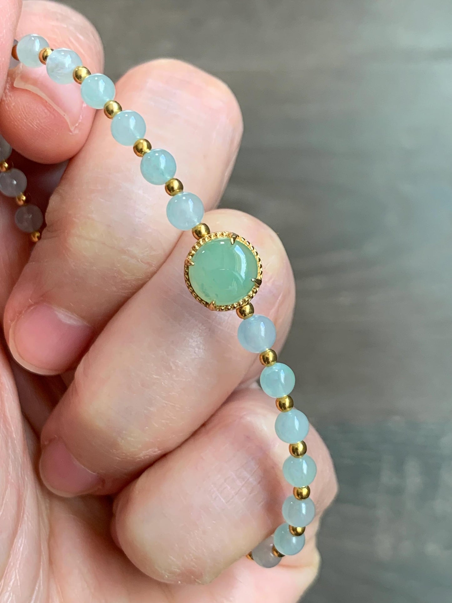 Petite Natural Grade A Icy Highly Translucent Light Green Jade Jadeite Beads Sterling Silver Beaded Bracelet 6.75”-7.5” 天然晴绿翡翠小珠手串 MXB550C