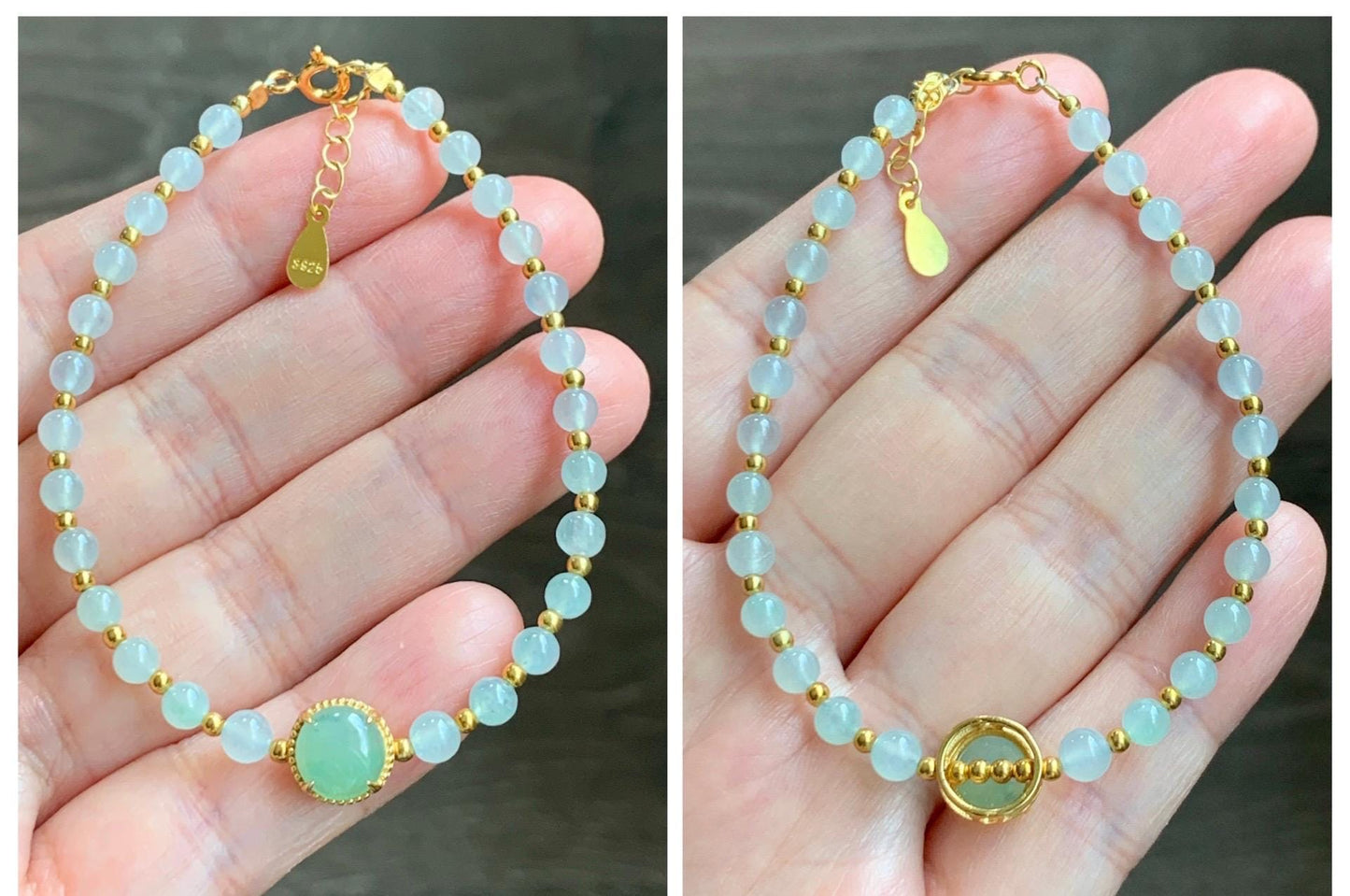 Petite Natural Grade A Icy Highly Translucent Light Green Jade Jadeite Beads Sterling Silver Beaded Bracelet 6.75”-7.5” 天然晴绿翡翠小珠手串 MXB550C