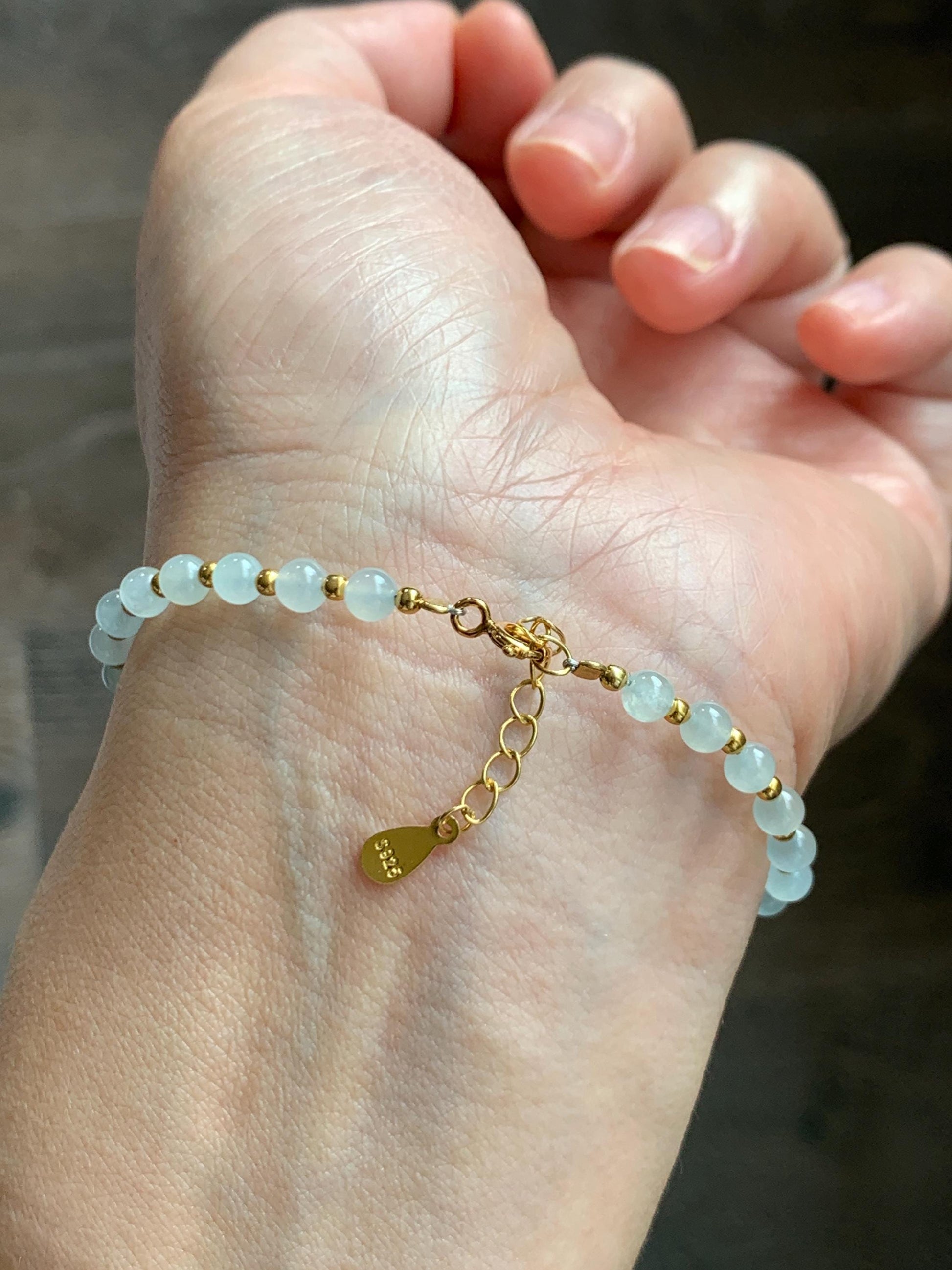 Petite Natural Grade A Icy Highly Translucent Light Green Jade Jadeite Beads Sterling Silver Beaded Bracelet 6.75”-7.5” 天然晴绿翡翠小珠手串 MXB550C