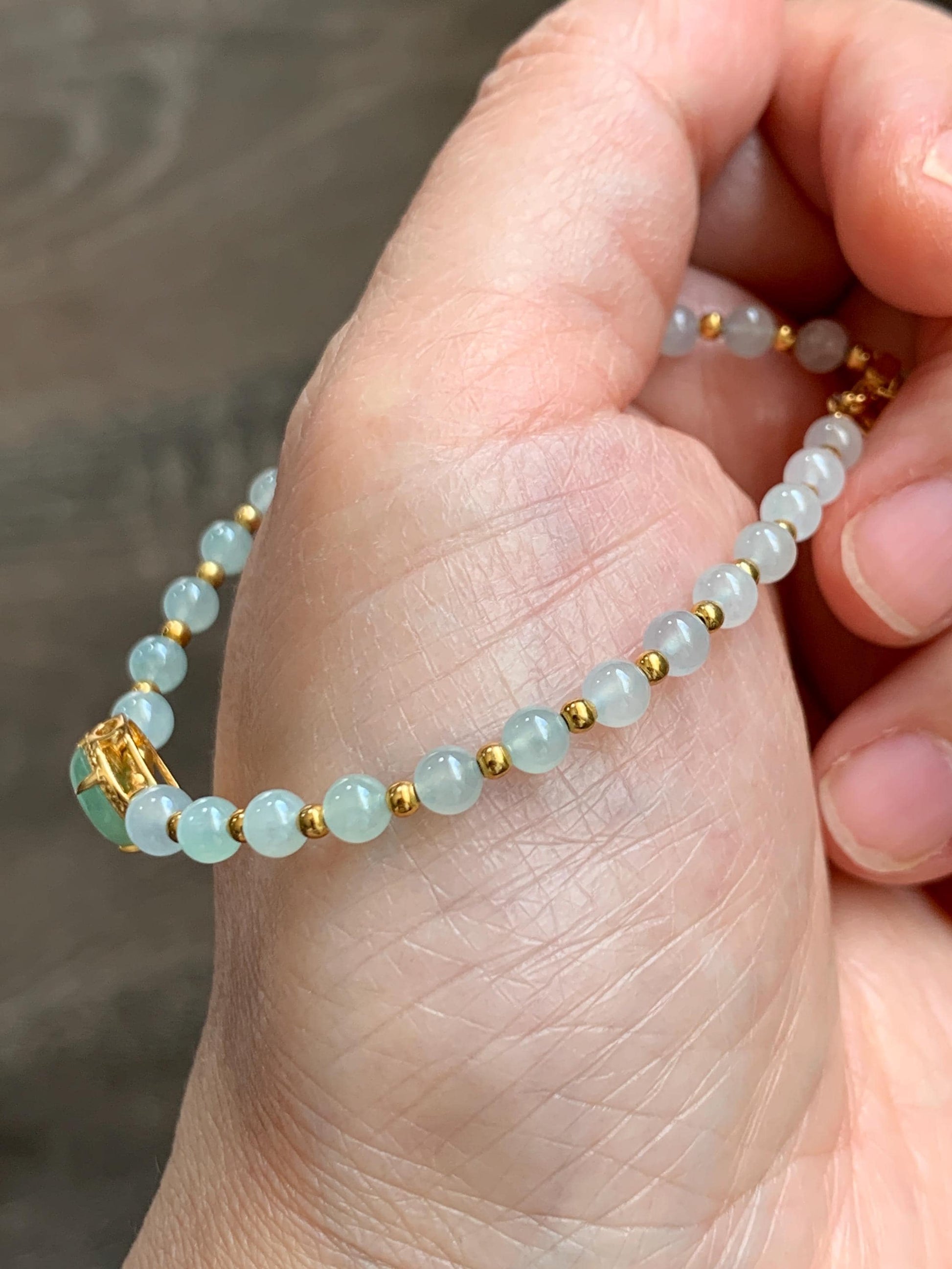 Petite Natural Grade A Icy Highly Translucent Light Green Jade Jadeite Beads Sterling Silver Beaded Bracelet 6.75”-7.5” 天然晴绿翡翠小珠手串 MXB550C