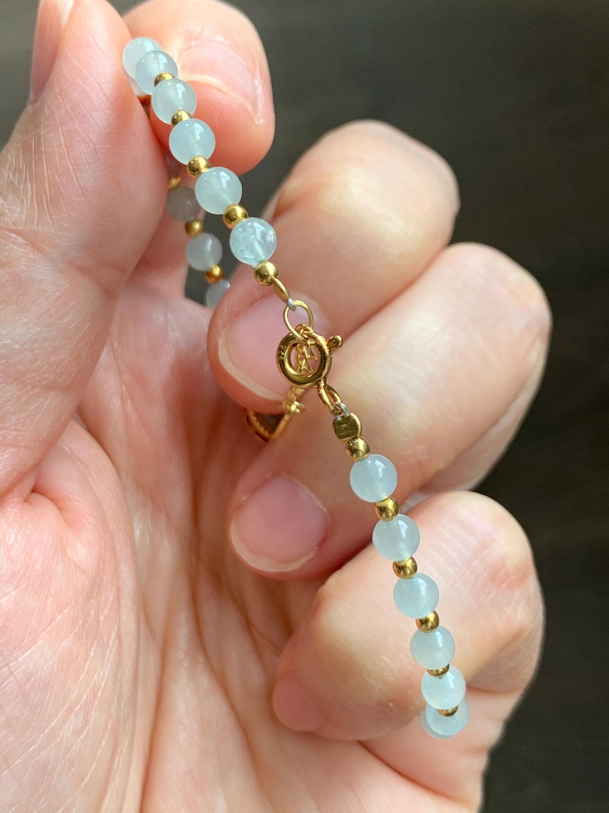 Petite Natural Grade A Icy Highly Translucent Light Green Jade Jadeite Beads Sterling Silver Beaded Bracelet 6.75”-7.5” 天然晴绿翡翠小珠手串 MXB550C