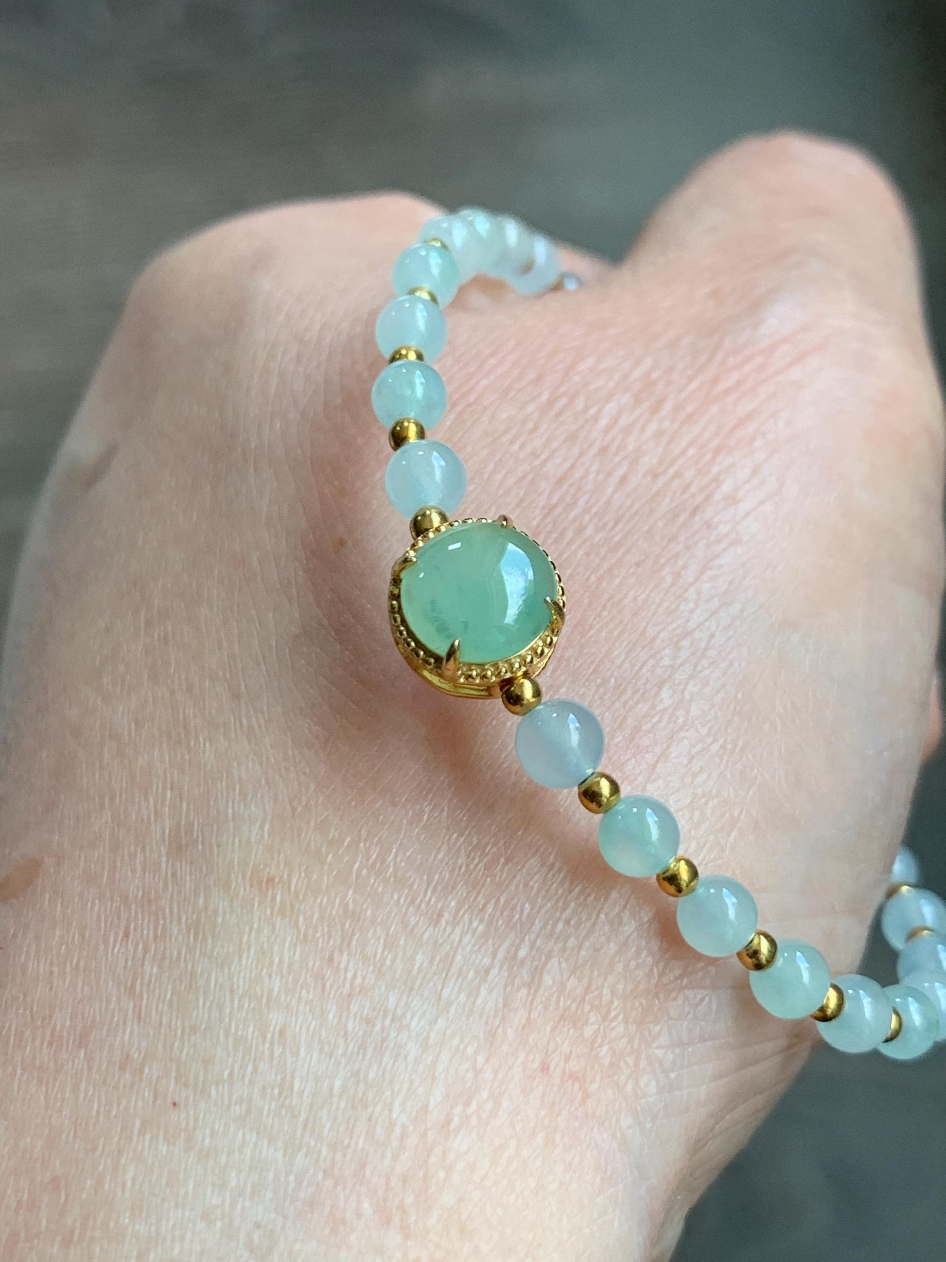 Petite Natural Grade A Icy Highly Translucent Light Green Jade Jadeite Beads Sterling Silver Beaded Bracelet 6.75”-7.5” 天然晴绿翡翠小珠手串 MXB550C