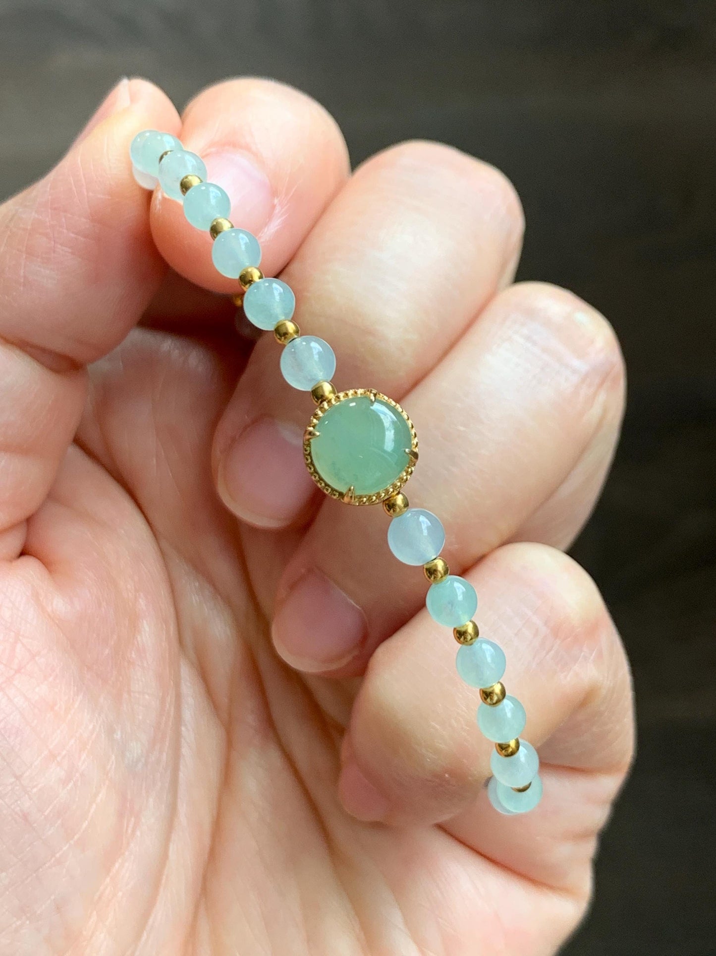 Petite Natural Grade A Icy Highly Translucent Light Green Jade Jadeite Beads Sterling Silver Beaded Bracelet 6.75”-7.5” 天然晴绿翡翠小珠手串 MXB550C