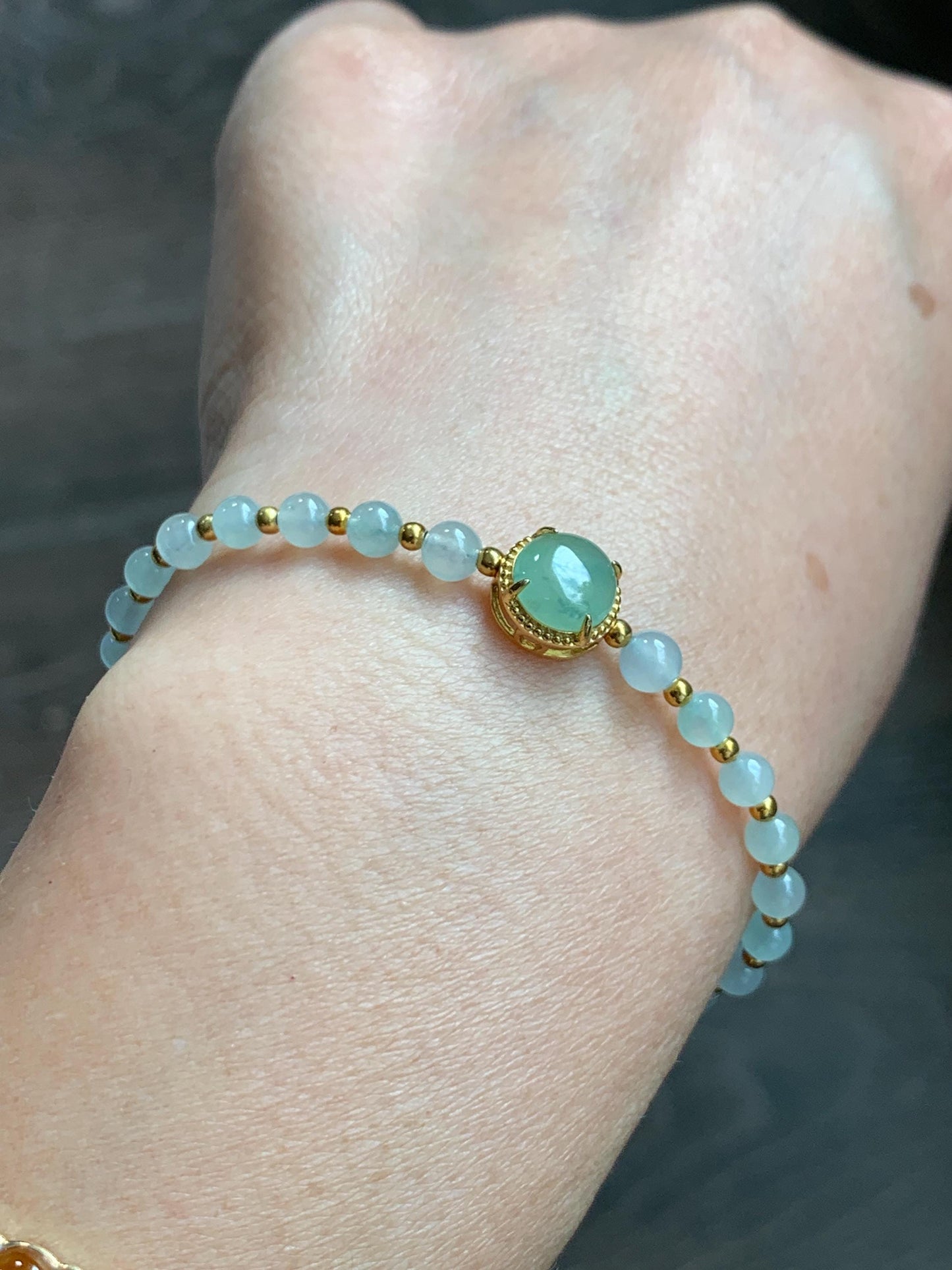 Petite Natural Grade A Icy Highly Translucent Light Green Jade Jadeite Beads Sterling Silver Beaded Bracelet 6.75”-7.5” 天然晴绿翡翠小珠手串 MXB550C