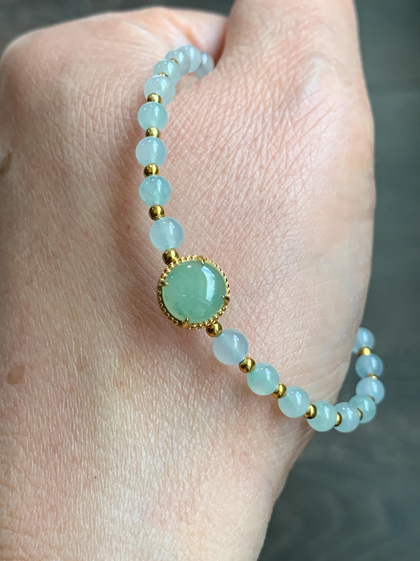 Petite Natural Grade A Icy Highly Translucent Light Green Jade Jadeite Beads Sterling Silver Beaded Bracelet 6.75”-7.5” 天然晴绿翡翠小珠手串 MXB550C