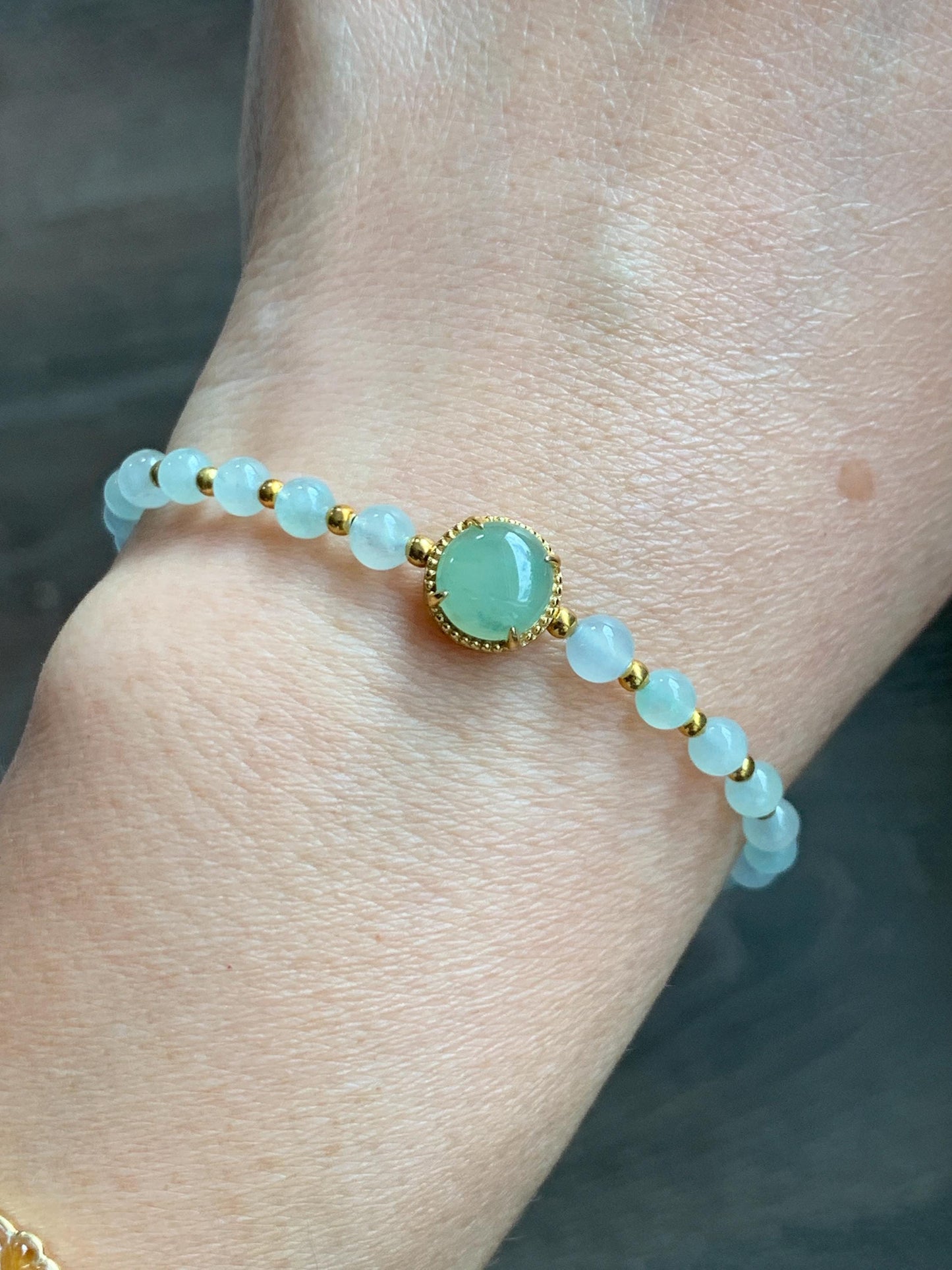 Petite Natural Grade A Icy Highly Translucent Light Green Jade Jadeite Beads Sterling Silver Beaded Bracelet 6.75”-7.5” 天然晴绿翡翠小珠手串 MXB550C
