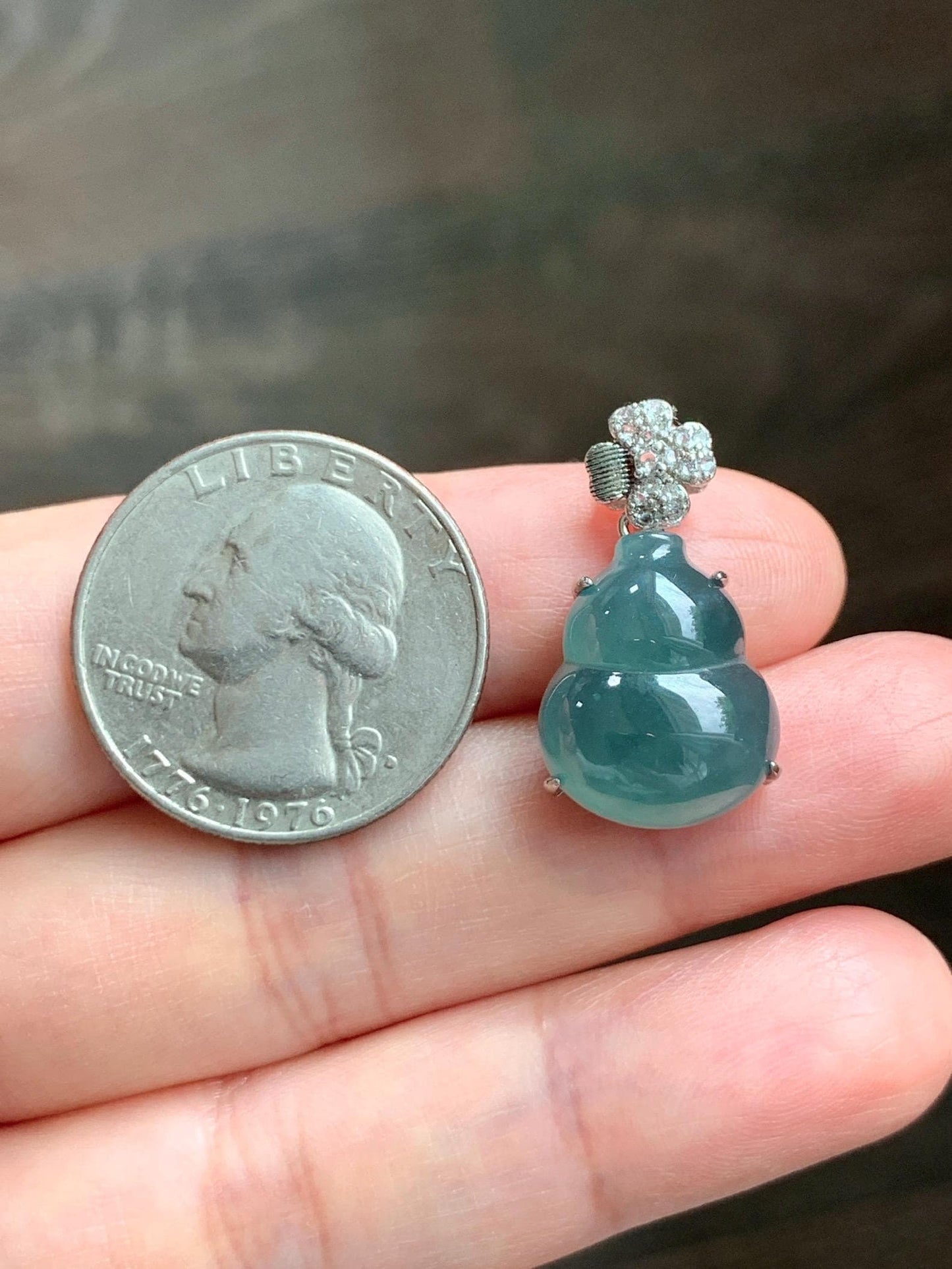 Natural Grade A Guatemalan Icy Translucent Dusty Teal Green Jade Jadeite Gourd Hulu Pendant Sterling Silver 3g 天然冰危暗蓝绿翡翠葫芦吊坠 WHL77A