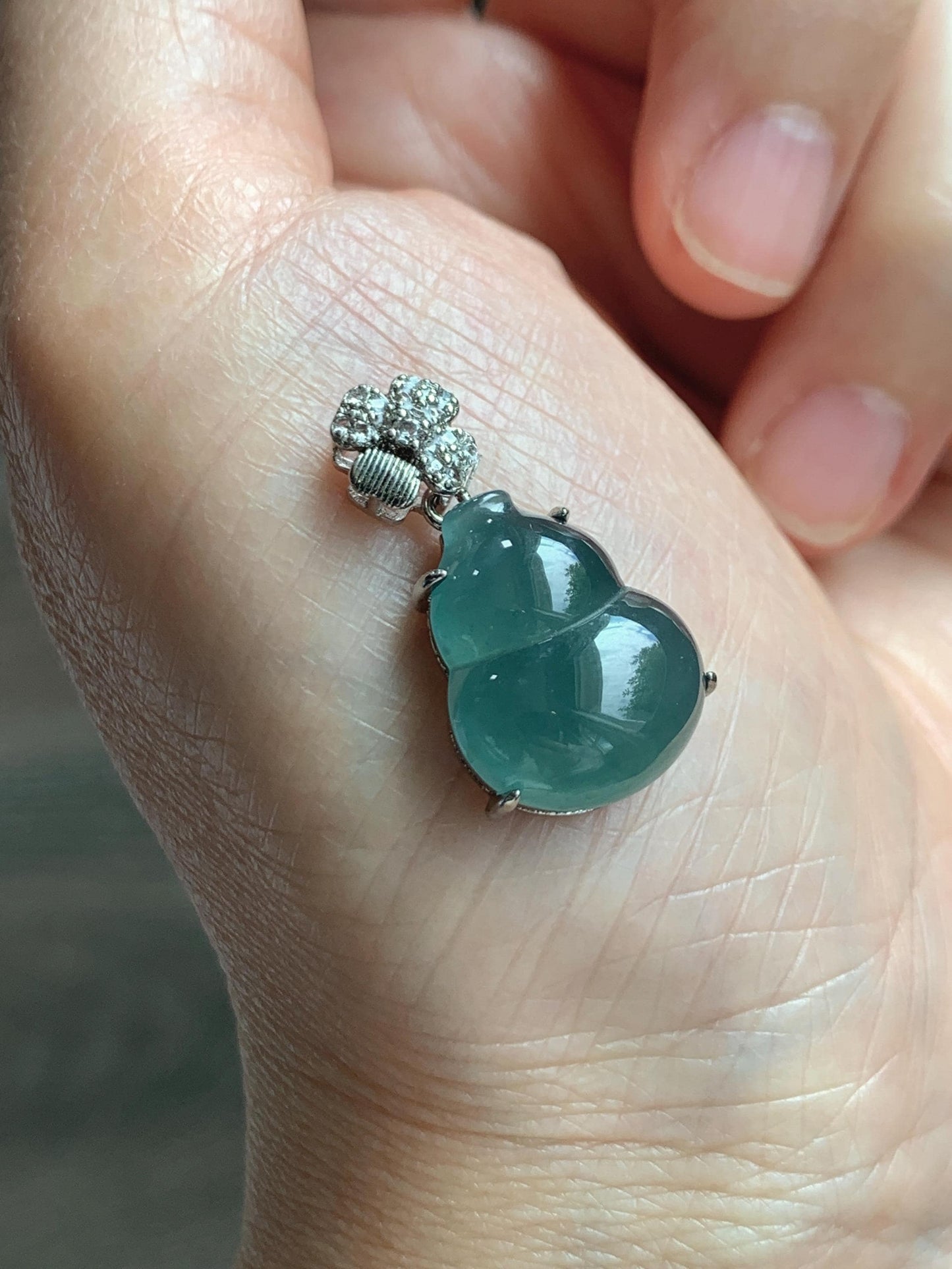 Natural Grade A Guatemalan Icy Translucent Dusty Teal Green Jade Jadeite Gourd Hulu Pendant Sterling Silver 3g 天然冰危暗蓝绿翡翠葫芦吊坠 WHL77A