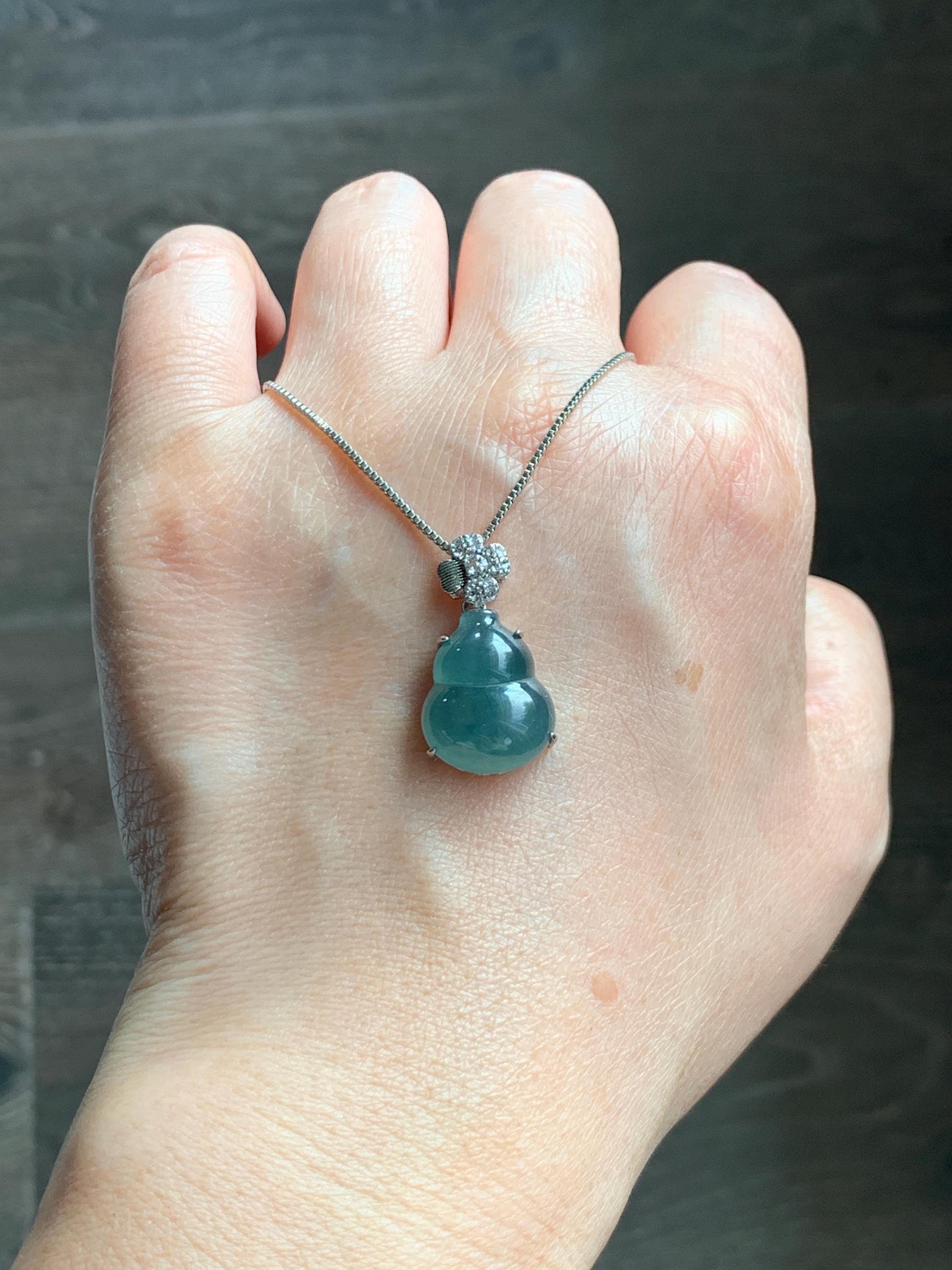 Natural Grade A Guatemalan Icy Translucent Dusty Teal Green Jade Jadeite Gourd Hulu Pendant Sterling Silver 3g 天然冰危暗蓝绿翡翠葫芦吊坠 WHL77A
