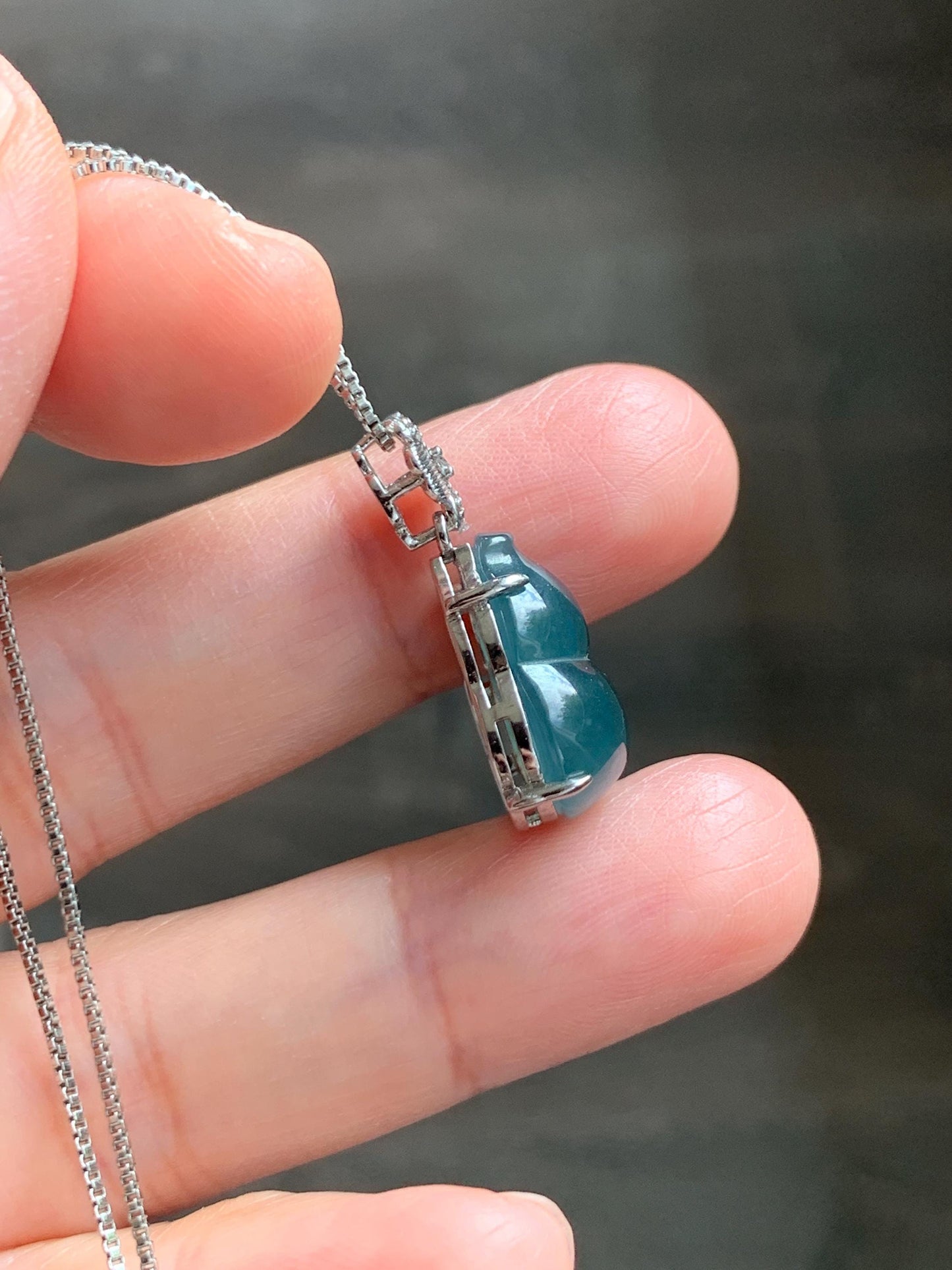 Natural Grade A Guatemalan Icy Translucent Dusty Teal Green Jade Jadeite Gourd Hulu Pendant Sterling Silver 3g 天然冰危暗蓝绿翡翠葫芦吊坠 WHL77A