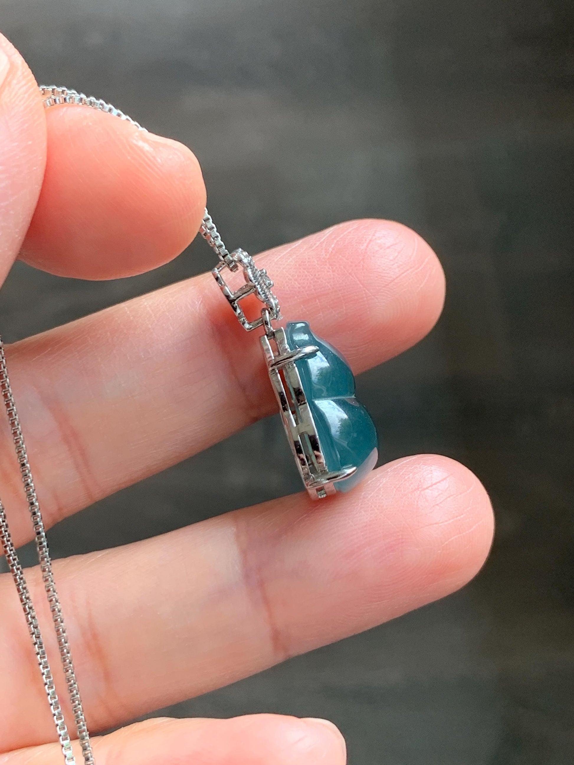 Natural Grade A Guatemalan Icy Translucent Dusty Teal Green Jade Jadeite Gourd Hulu Pendant Sterling Silver 3g 天然冰危暗蓝绿翡翠葫芦吊坠 WHL77A