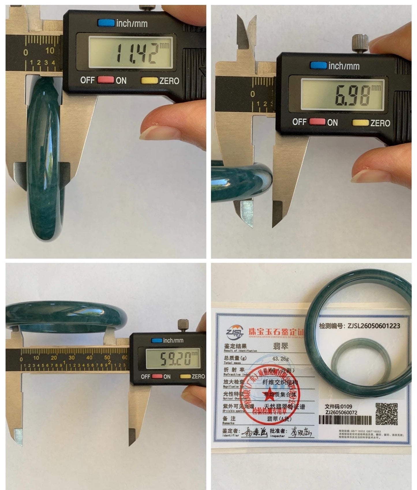 Certified Natural Grade A Guatemalan Icy Translucent Dark Teal Blue Jade Jadeite Wide Bangle 59.2mm 7.32” 43g 天然冰危蓝绿翡翠正圈宽版手镯 1223