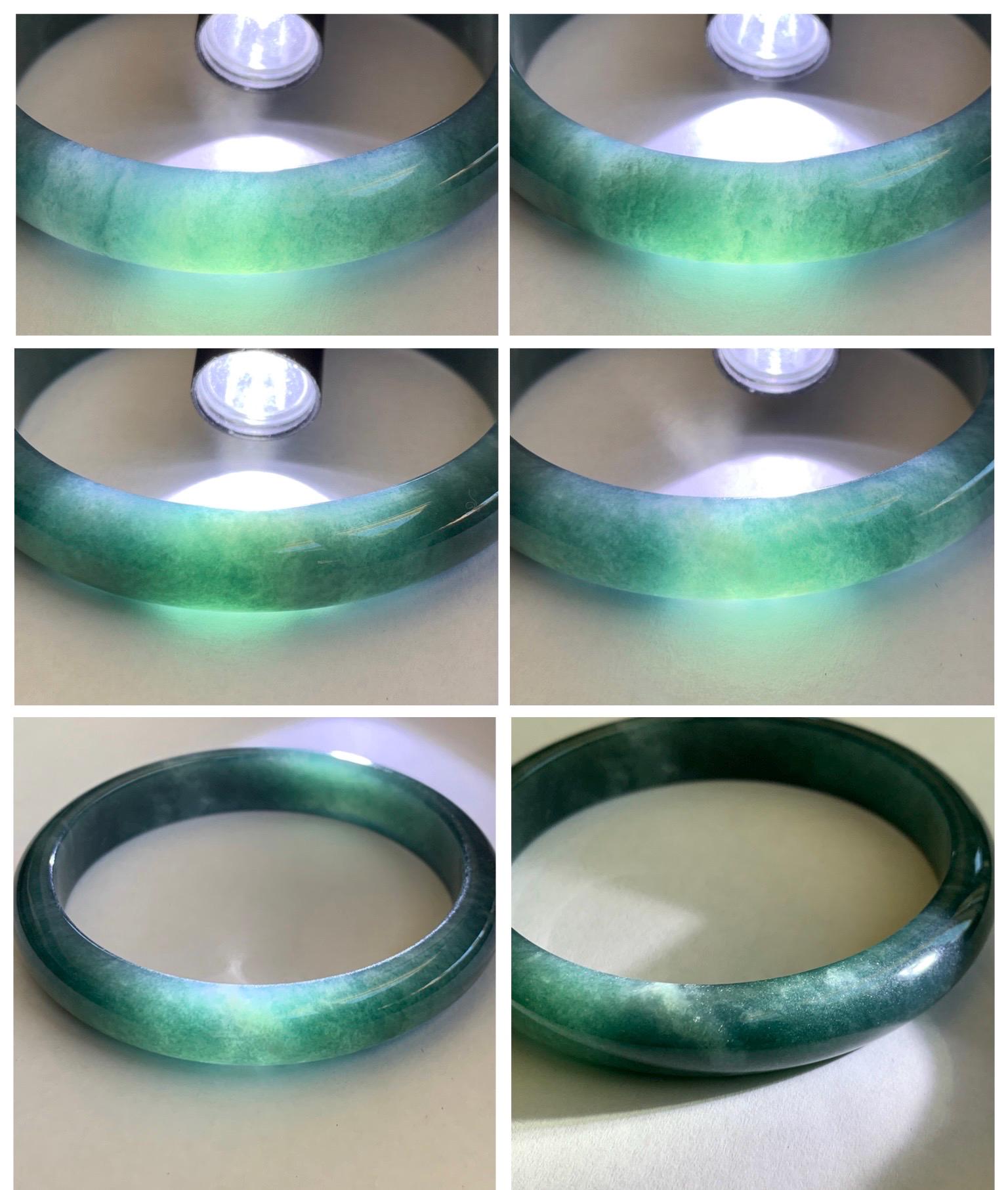 Certified Natural Grade A Guatemalan Icy Translucent Dark Teal Blue Jade Jadeite Wide Bangle 59.2mm 7.32” 43g 天然冰危蓝绿翡翠正圈宽版手镯 1223