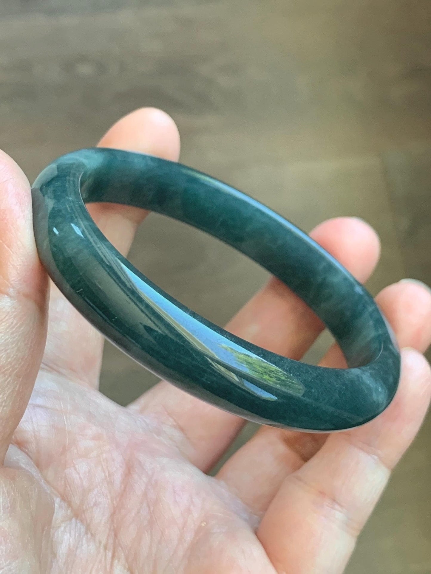 Certified Natural Grade A Guatemalan Icy Translucent Dark Teal Blue Jade Jadeite Wide Bangle 59.2mm 7.32” 43g 天然冰危蓝绿翡翠正圈宽版手镯 1223
