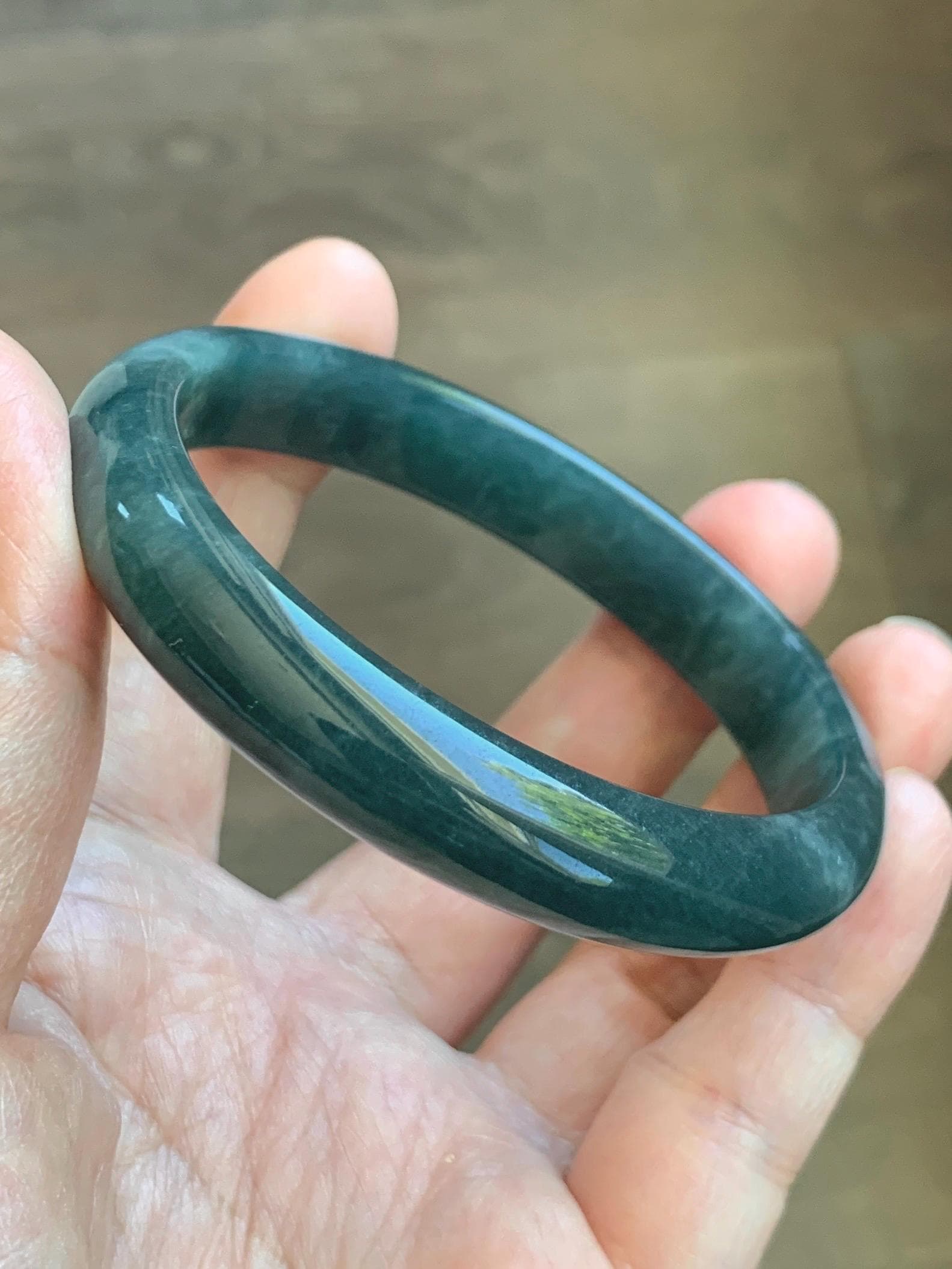 Certified Natural Grade A Guatemalan Icy Translucent Dark Teal Blue Jade Jadeite Wide Bangle 59.2mm 7.32” 43g 天然冰危蓝绿翡翠正圈宽版手镯 1223