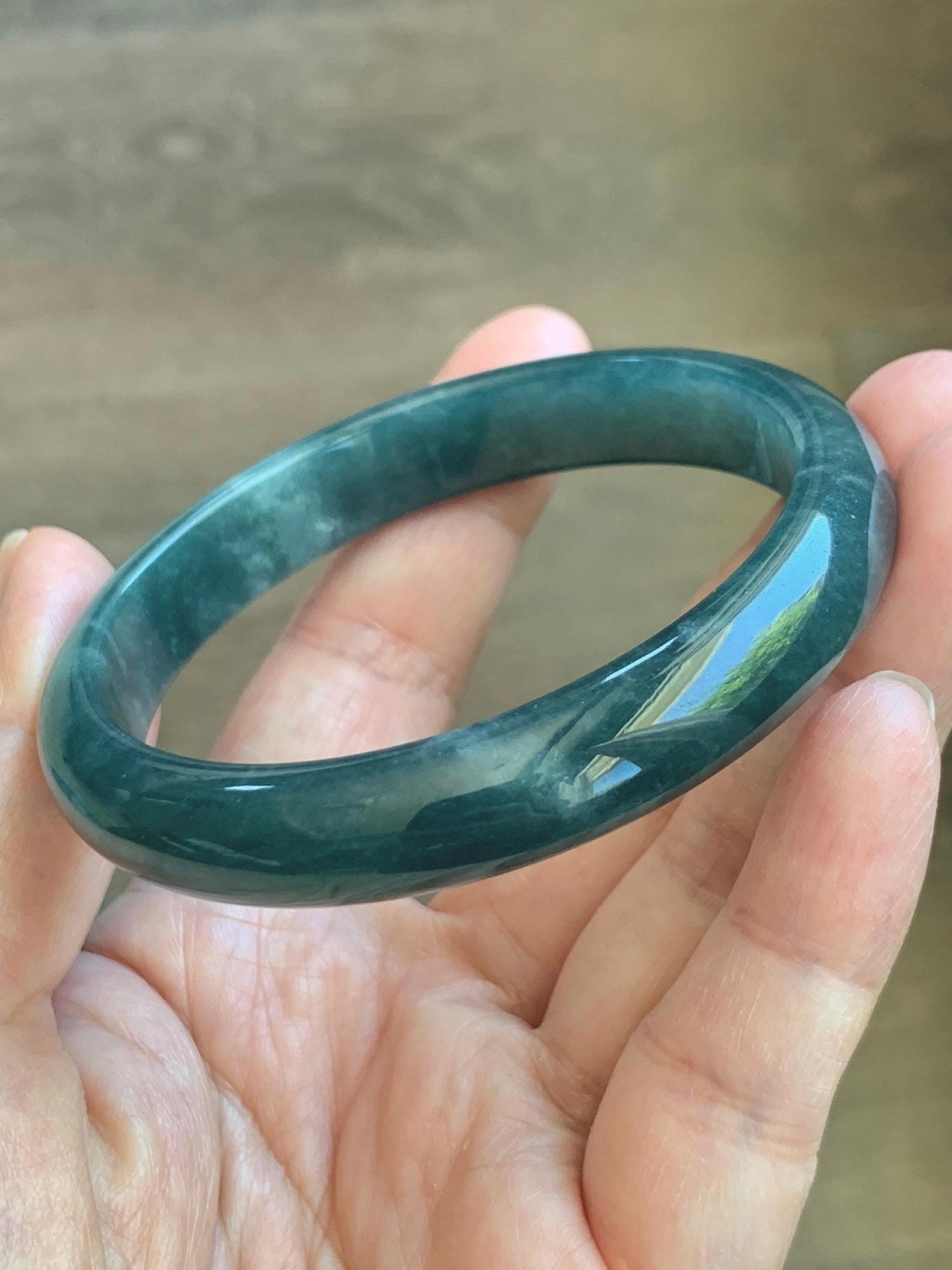 Certified Natural Grade A Guatemalan Icy Translucent Dark Teal Blue Jade Jadeite Wide Bangle 59.2mm 7.32” 43g 天然冰危蓝绿翡翠正圈宽版手镯 1223