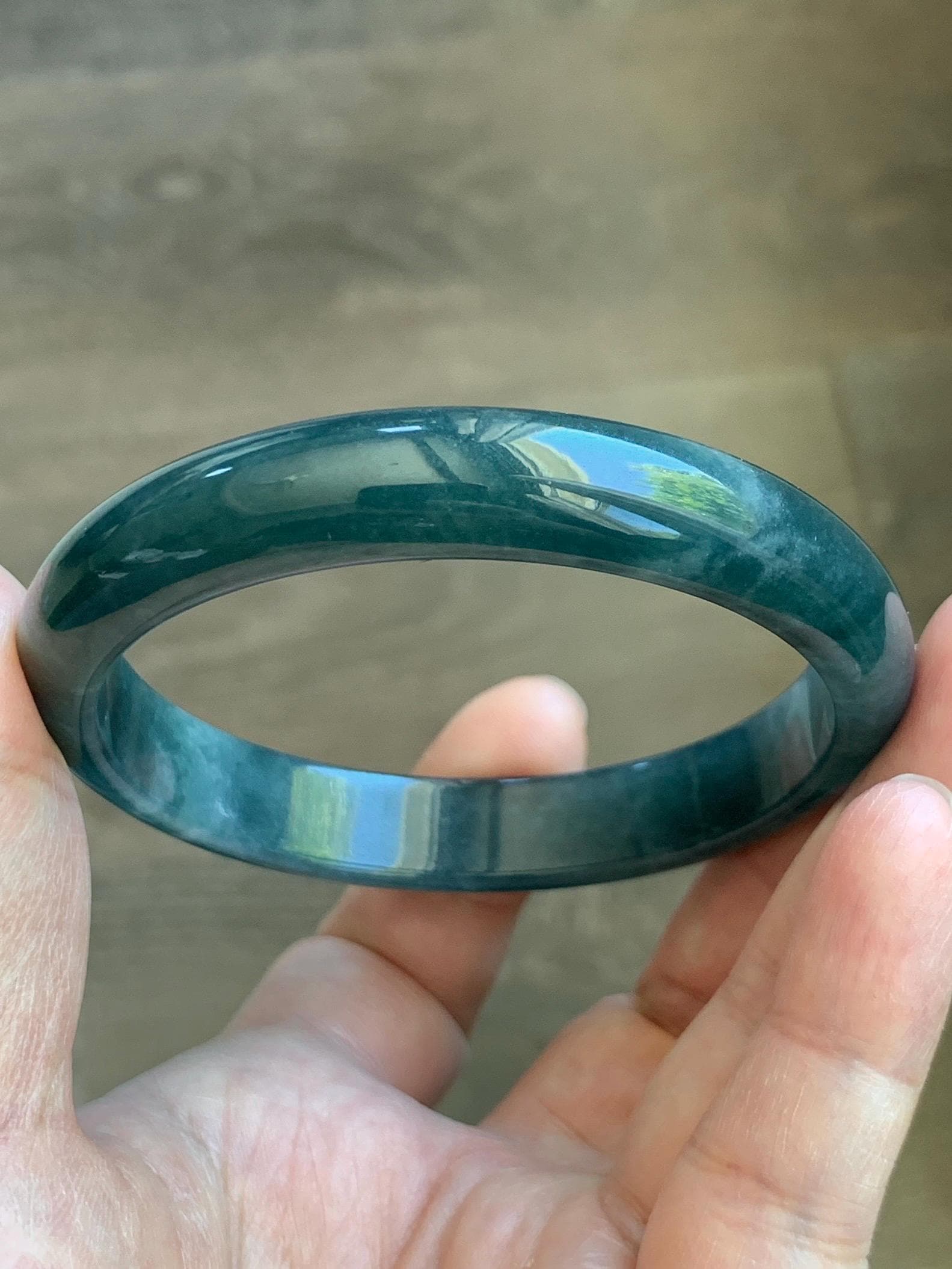 Certified Natural Grade A Guatemalan Icy Translucent Dark Teal Blue Jade Jadeite Wide Bangle 59.2mm 7.32” 43g 天然冰危蓝绿翡翠正圈宽版手镯 1223