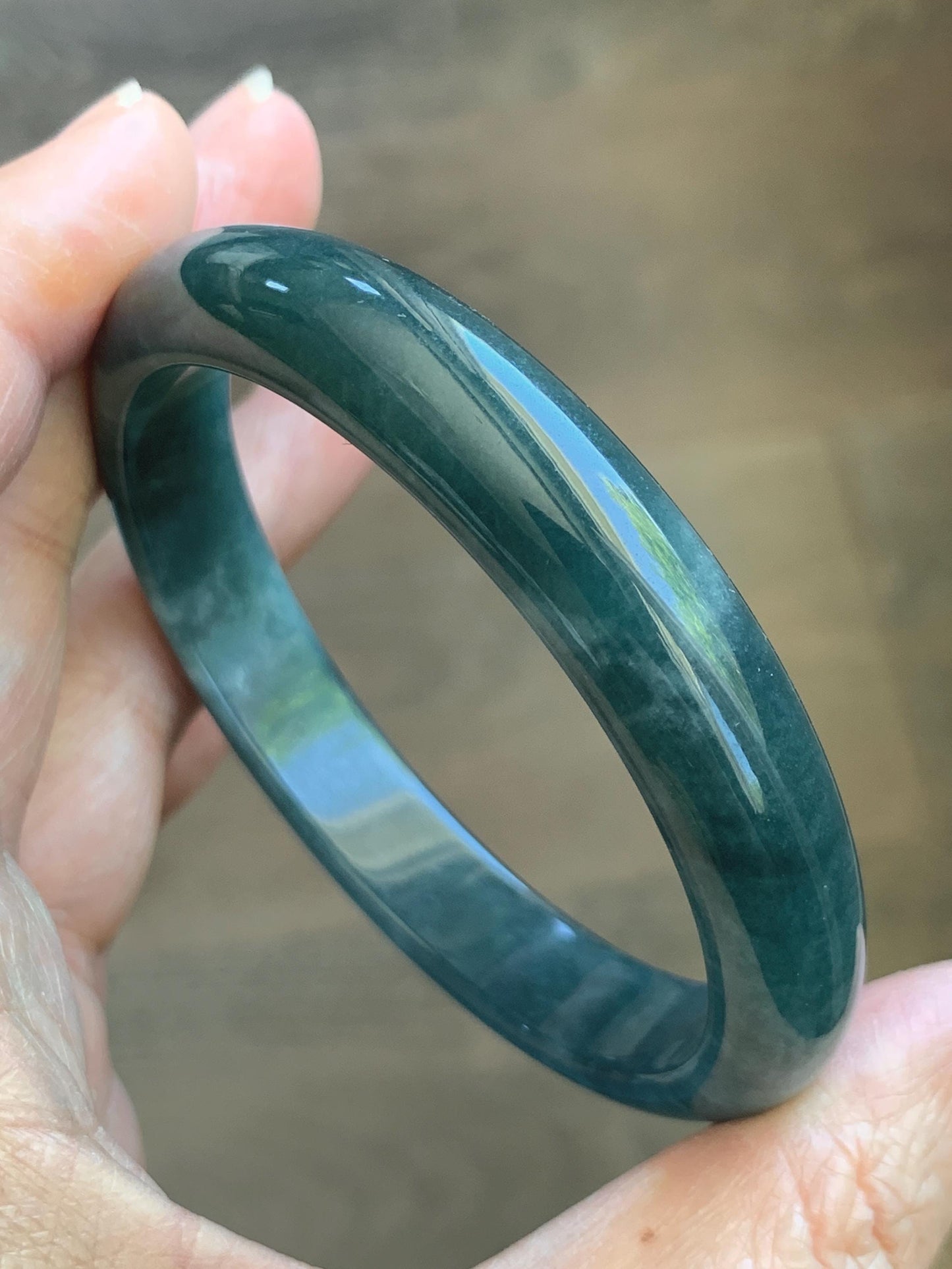 Certified Natural Grade A Guatemalan Icy Translucent Dark Teal Blue Jade Jadeite Wide Bangle 59.2mm 7.32” 43g 天然冰危蓝绿翡翠正圈宽版手镯 1223
